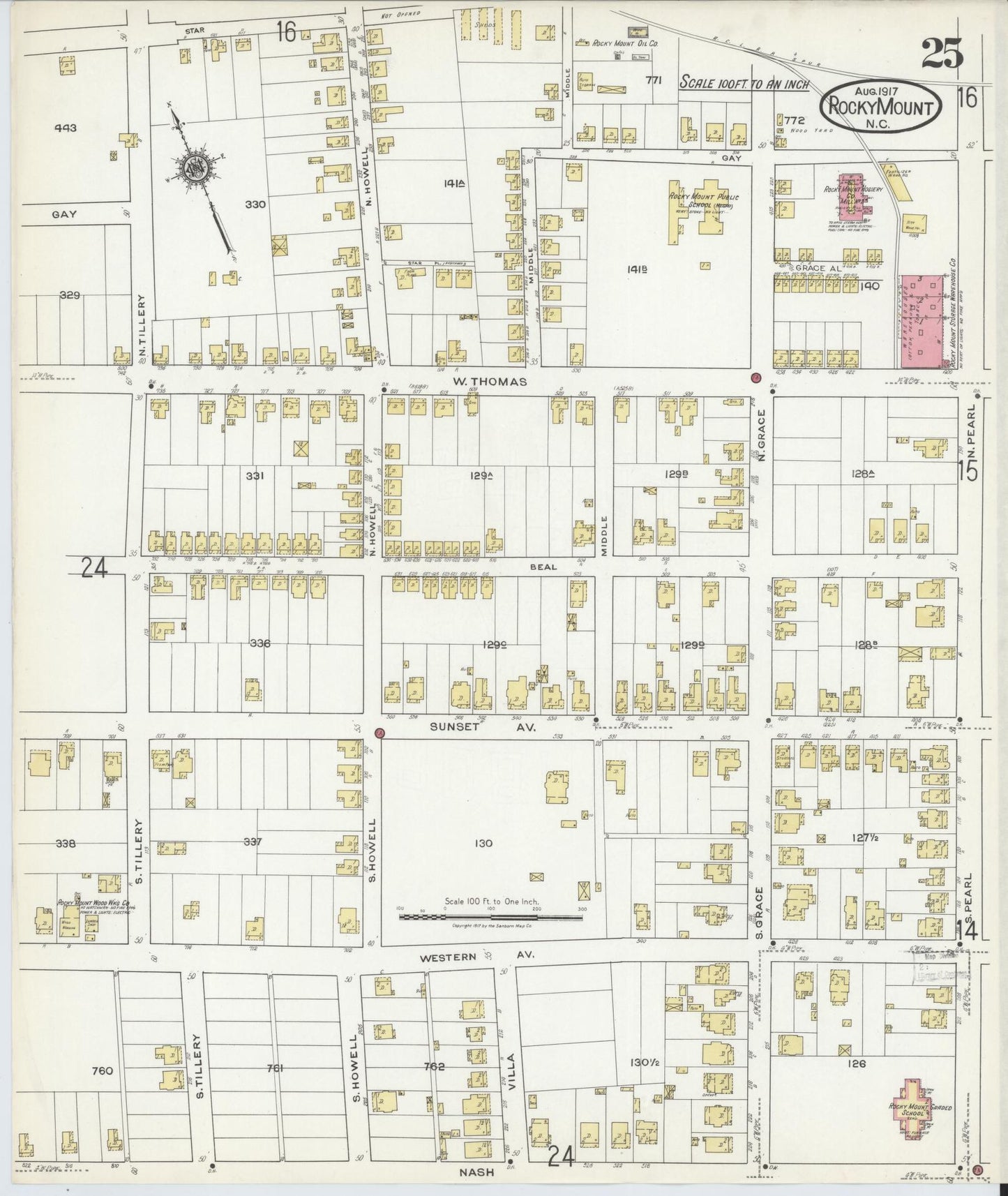 Sanborn Fire Insurance Map from Rocky Mount, Edgecombe And Nash Counties, North Carolina (1917), Sheet #0025 - Complete Map Set gallery image, historic Sanborn map, vintage wall art, North Carolina North Carolina