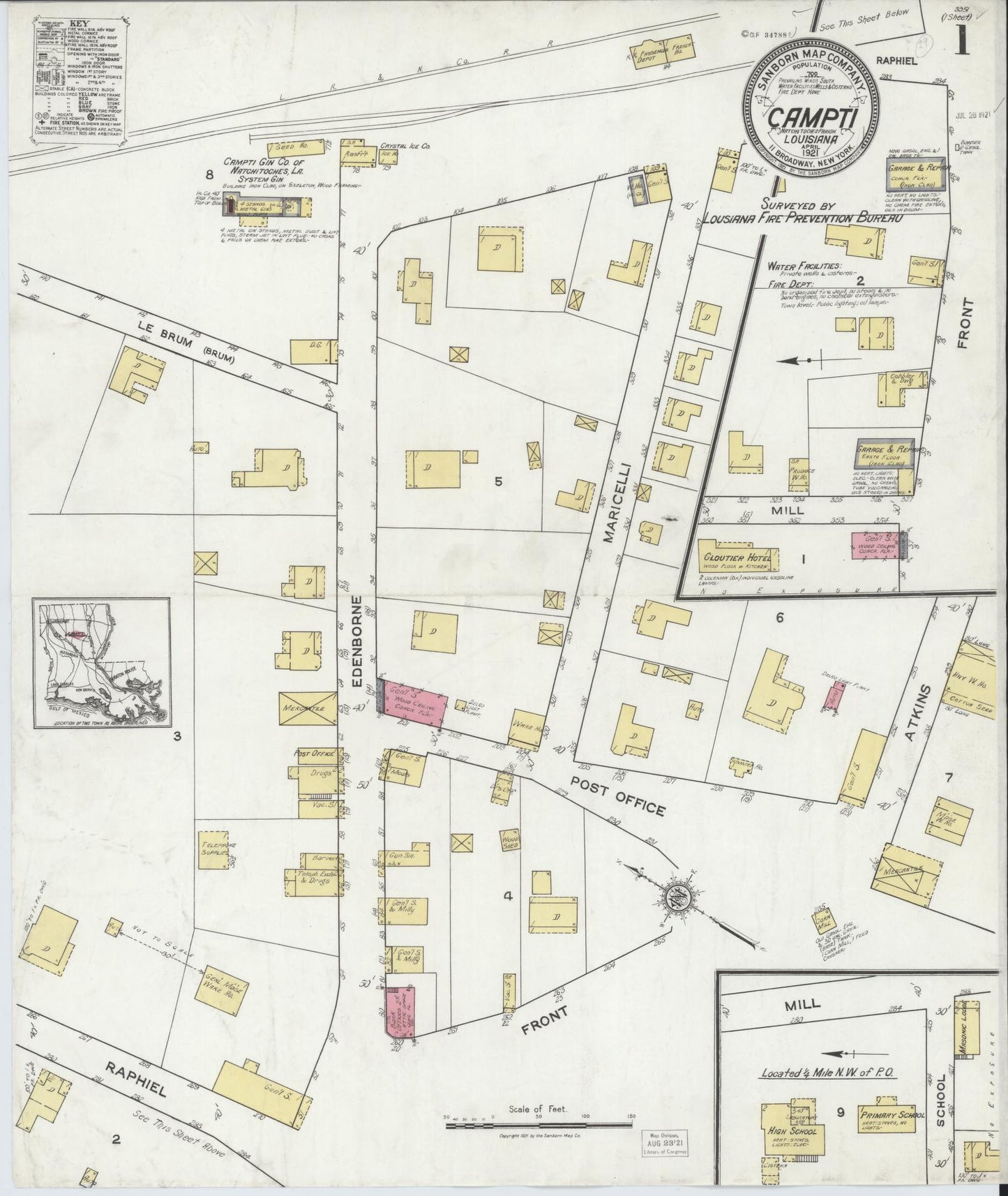 Sanborn Fire Insurance Map from Campti, Natchitoches Parish, Louisiana (1921), Sheet #0001 - Historic Sanborn Fire Insurance Map Print, vintage old map wall art, antique decor, genealogy gift, Louisiana Louisiana map