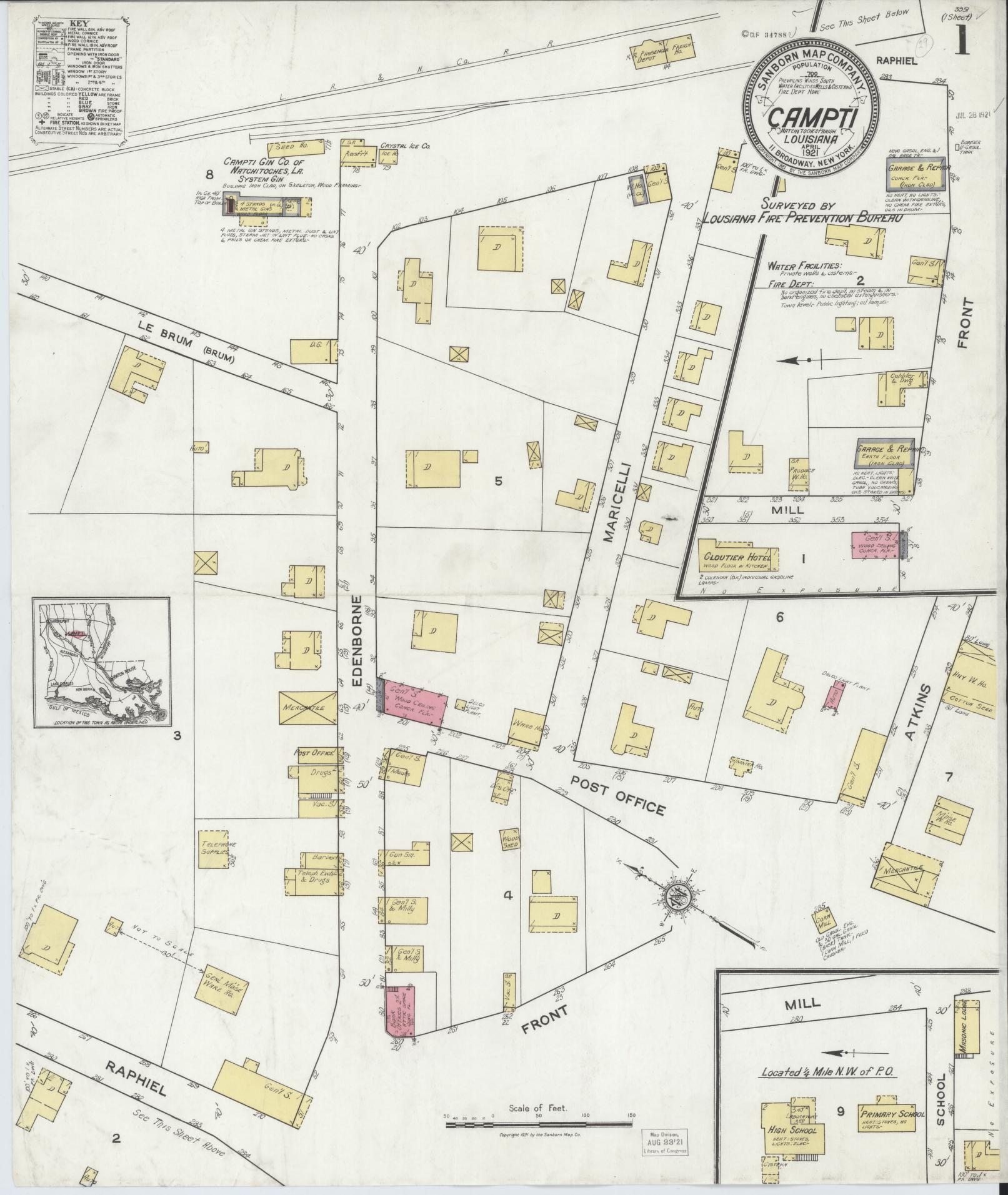 Sanborn Fire Insurance Map from Campti, Natchitoches Parish, Louisiana (1921), Sheet #0001 - Historic Sanborn Fire Insurance Map Print, vintage old map wall art, antique decor, genealogy gift, Louisiana Louisiana map
