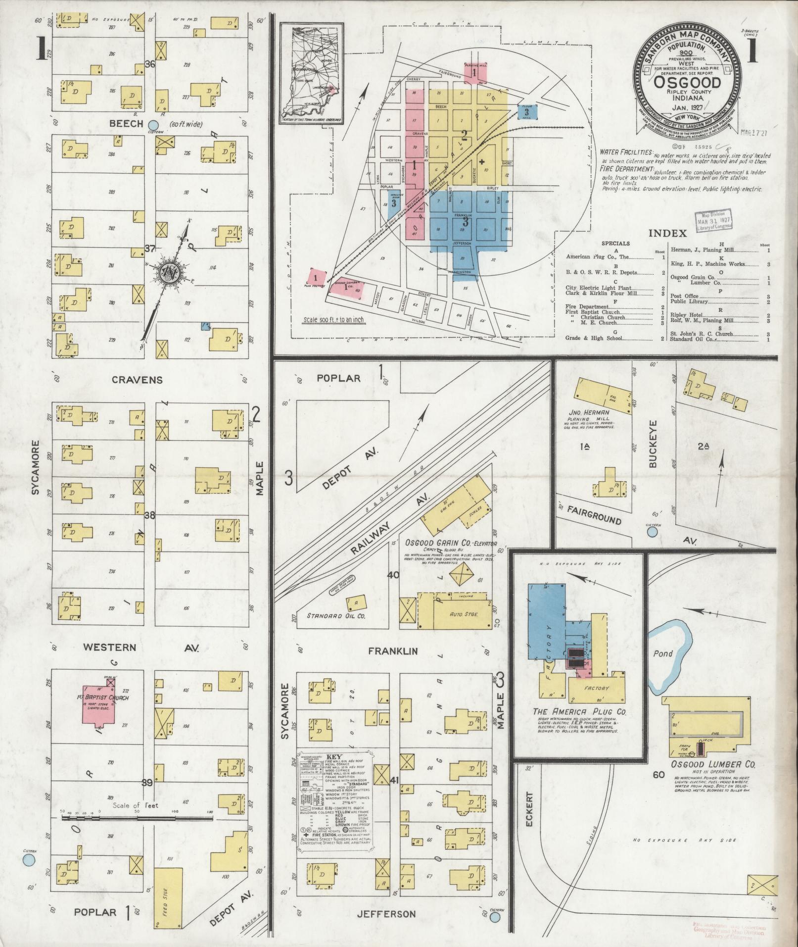 Sanborn Fire Insurance Map from Osgood, Ripley County, Indiana (1927), Sheet #0001 - Complete Map Set gallery image, historic Sanborn map, vintage wall art, Indiana Indiana