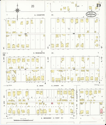 Sanborn Fire Insurance Map from Parsons, Labette County, Kansas (1911), Sheet #0019 - Complete Map Set gallery image, historic Sanborn map, vintage wall art, Kansas Kansas