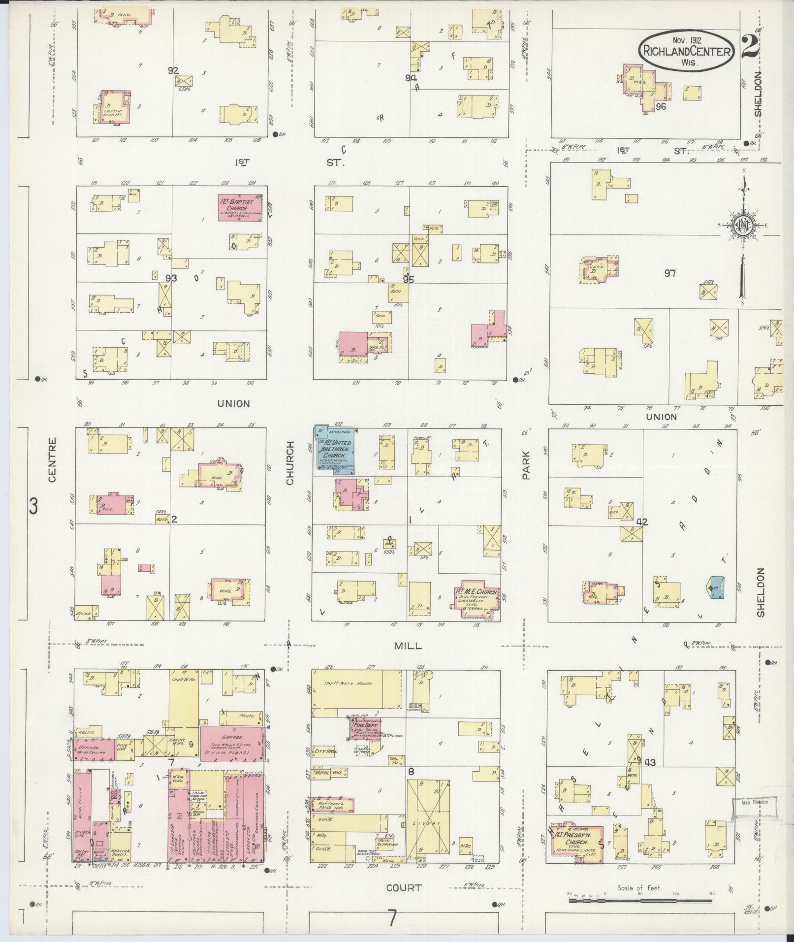 Sanborn Fire Insurance Map from Richland Center, Richland County, Wisconsin (1912), Sheet #0002 - Historic Sanborn Fire Insurance Map Print, vintage old map wall art, antique decor, genealogy gift, Wisconsin Wisconsin map