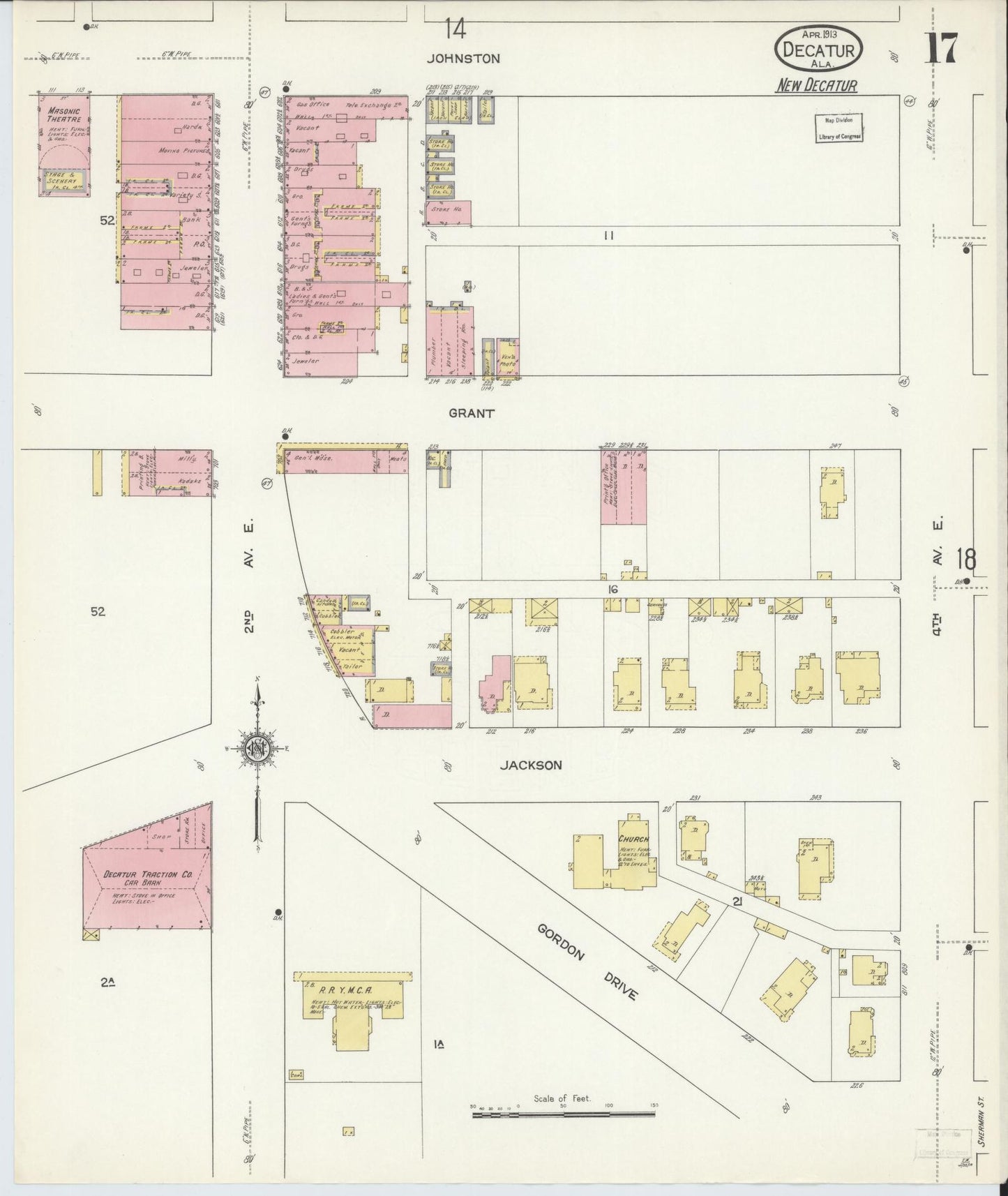 Sanborn Fire Insurance Map from Decatur, Morgan County, Alabama (1913), Sheet #0017 - Historic Sanborn Fire Insurance Map Print, vintage old map wall art, antique decor, genealogy gift, Alabama Alabama map