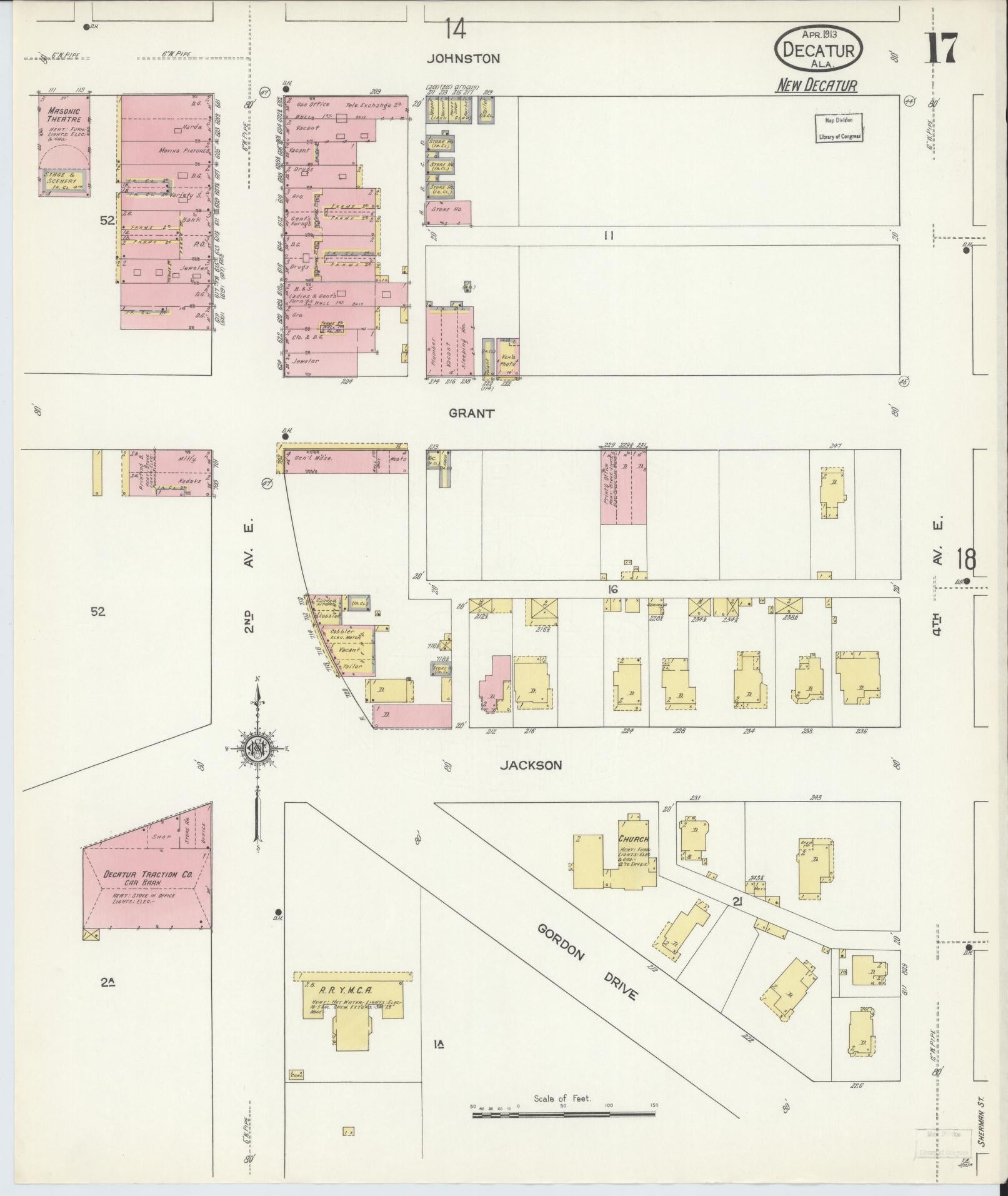 Sanborn Fire Insurance Map from Decatur, Morgan County, Alabama (1913), Sheet #0017 - Historic Sanborn Fire Insurance Map Print, vintage old map wall art, antique decor, genealogy gift, Alabama Alabama map