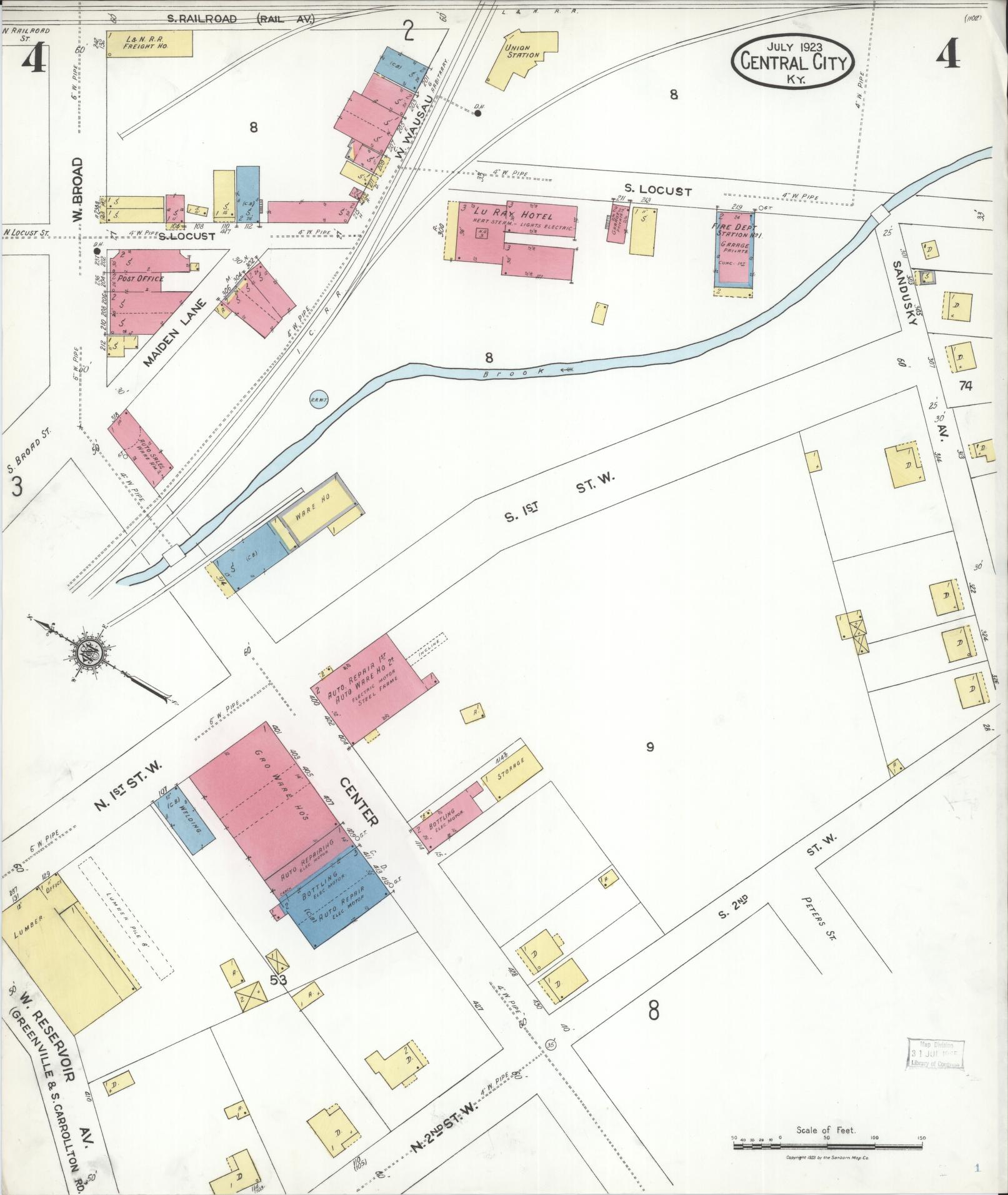 Sanborn Fire Insurance Map from Central City, Mublenberg County, Kentucky (1923), Sheet #0004 - Complete Map Set gallery image, historic Sanborn map, vintage wall art, Kentucky Kentucky