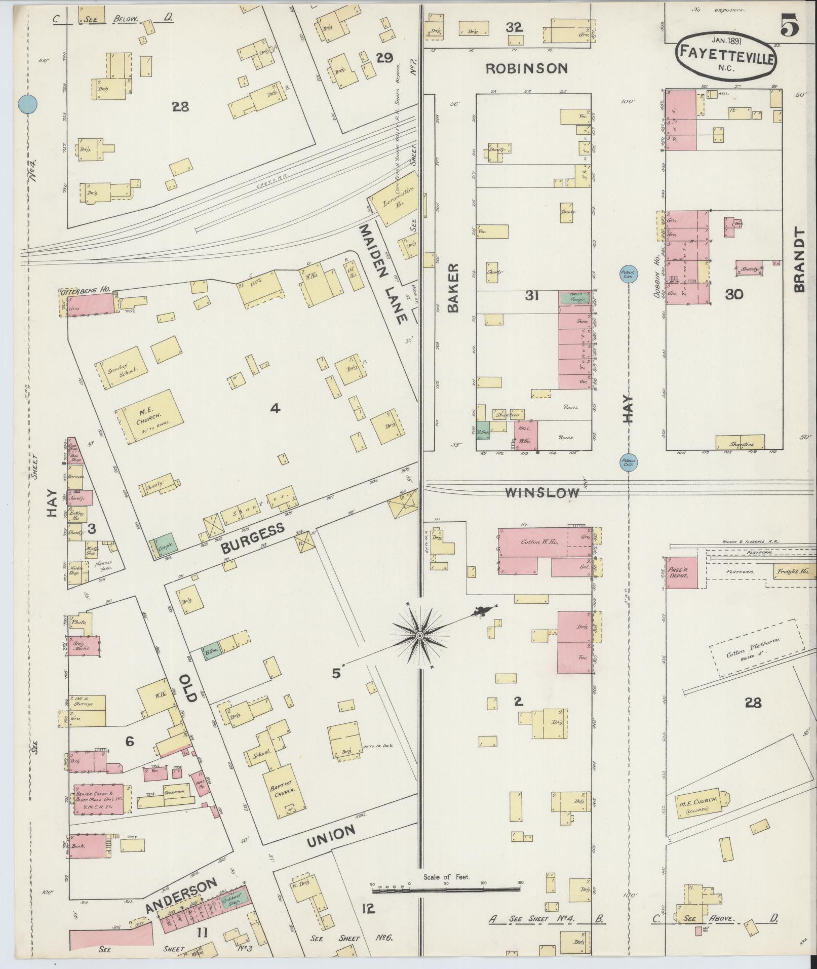 Sanborn Fire Insurance Map from Fayetteville, Cumberland County, North Carolina (1891), Sheet #0005 - Historic Sanborn Fire Insurance Map Print, vintage old map wall art, antique decor, genealogy gift, North Carolina North Carolina map