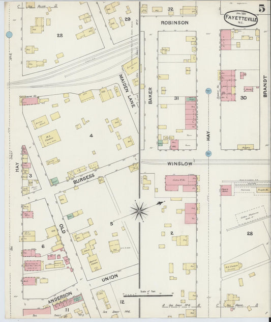 Sanborn Fire Insurance Map from Fayetteville, Cumberland County, North Carolina (1891), Sheet #0005 - Historic Sanborn Fire Insurance Map Print, vintage old map wall art, antique decor, genealogy gift, North Carolina North Carolina map