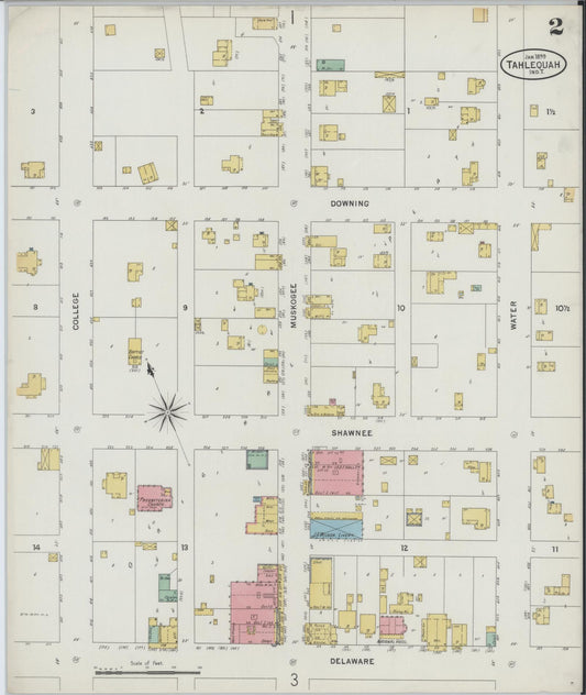 Sanborn Fire Insurance Map from Tahlequah, Cherokee County, Oklahoma (1899), Sheet #0002 - Historic Sanborn Fire Insurance Map Print, vintage old map wall art, antique decor, genealogy gift, Oklahoma Oklahoma map