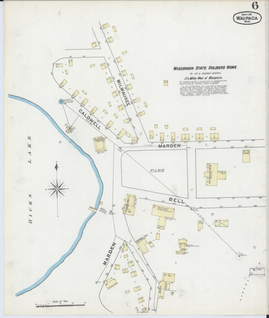Sanborn Fire Insurance Map from Waupaca, Waupaca County, Wisconsin (1891), Sheet #0006 - Historic Sanborn Fire Insurance Map Print, vintage old map wall art, antique decor, genealogy gift, Wisconsin Wisconsin map