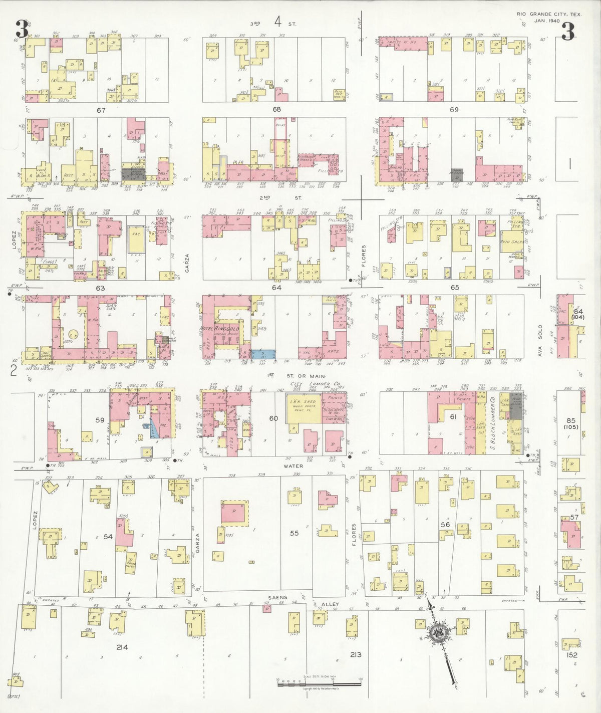 Sanborn Fire Insurance Map from Rio Grande City, Starr County, Texas (1940), Sheet #0003 - Complete Map Set gallery image, historic Sanborn map, vintage wall art, Texas Texas