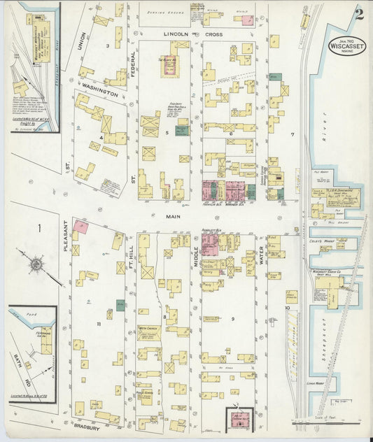 Sanborn Fire Insurance Map from Wiscasset, Lincoln County, Maine (1910), Sheet #0002 - Historic Sanborn Fire Insurance Map Print, vintage old map wall art, antique decor, genealogy gift, Maine Maine map