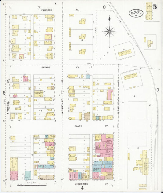 Sanborn Fire Insurance Map from Raton, Colfax County, New Mexico (1902), Sheet #0005 - Historic Sanborn Fire Insurance Map Print, vintage old map wall art, antique decor, genealogy gift, New Mexico New Mexico map