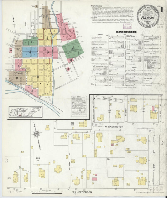 Sanborn Fire Insurance Map from Pulaski, Giles County, Tennessee (1916), Sheet #0001 - Historic Sanborn Fire Insurance Map Print, vintage old map wall art, antique decor, genealogy gift, Tennessee Tennessee map