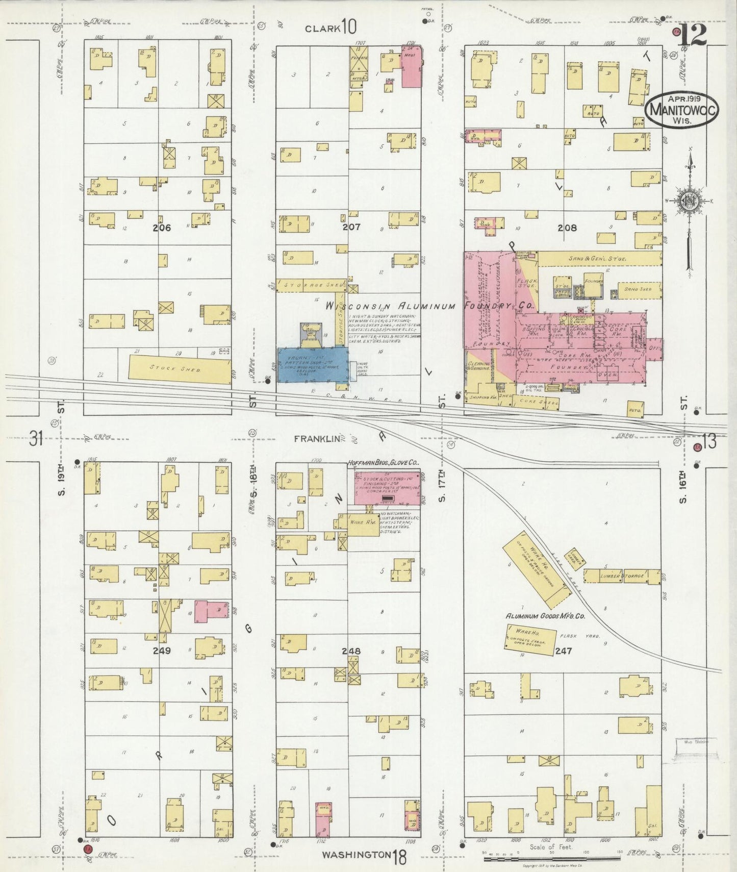 Sanborn Fire Insurance Map from Manitowoc, Manitowoc County, Wisconsin (1919), Sheet #0012 - Historic Sanborn Fire Insurance Map Print, vintage old map wall art, antique decor, genealogy gift, Wisconsin Wisconsin map