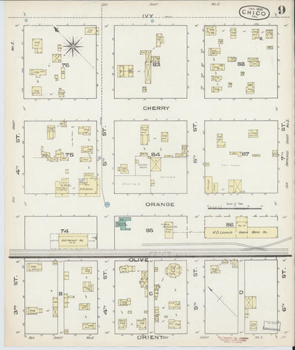 Sanborn Fire Insurance Map from Chico, Butte County, California (1886), Sheet #0009 - Complete Map Set gallery image, historic Sanborn map, vintage wall art, California California