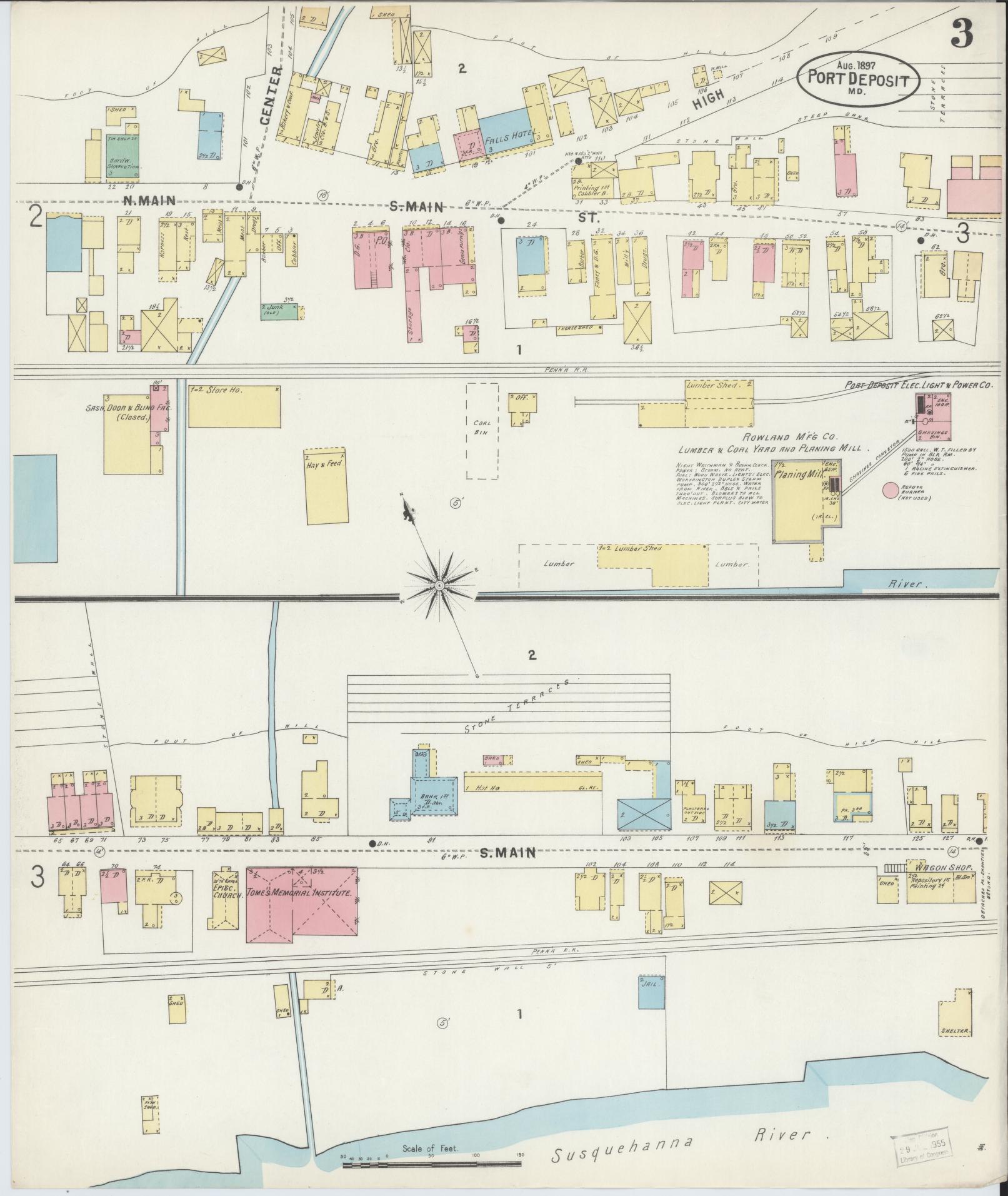 Sanborn Fire Insurance Map from Port Deposit, Cecil County, Maryland (1897), Sheet #0003 - Historic Sanborn Fire Insurance Map Print, vintage old map wall art