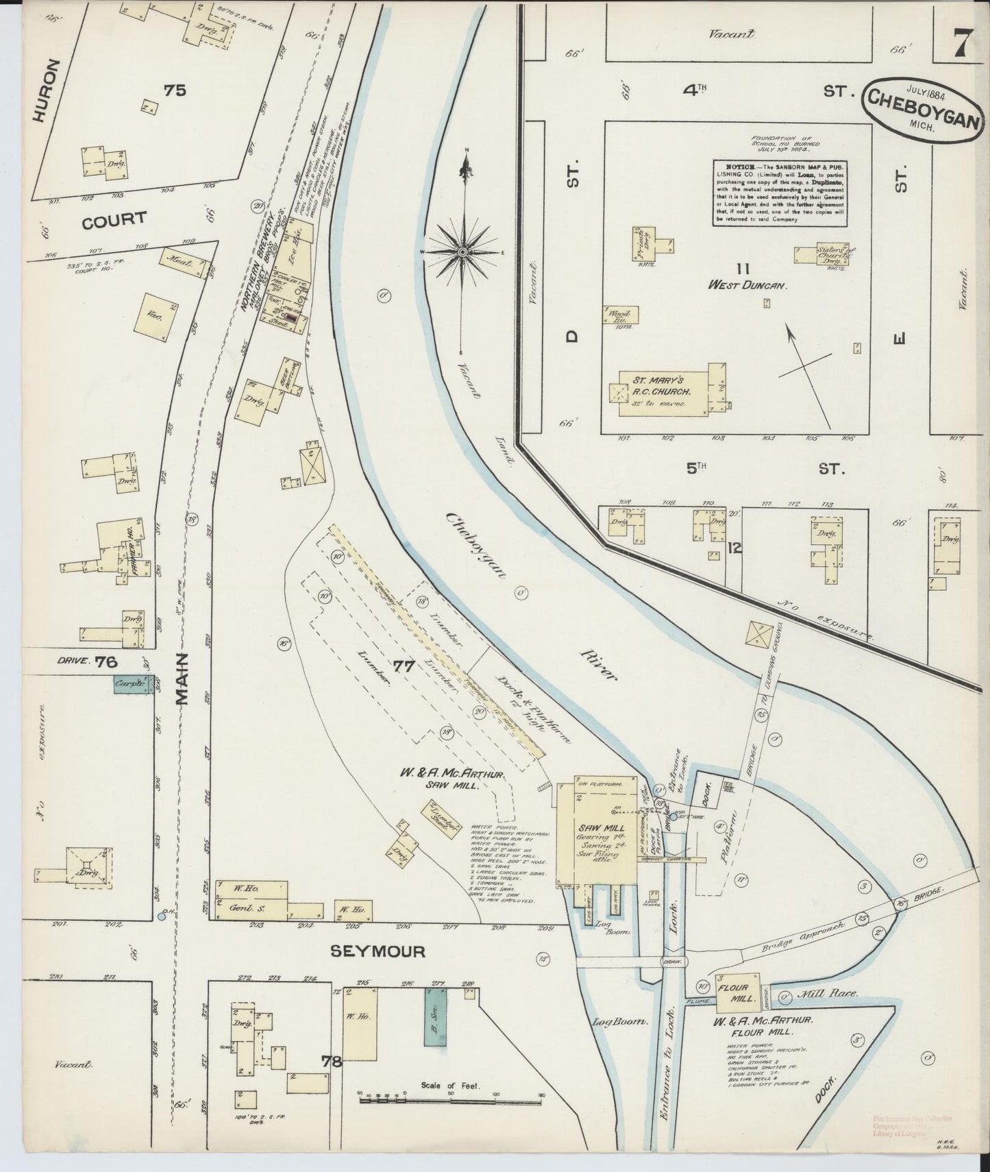 Sanborn Fire Insurance Map from Cheboygan, Cheboygan County, Michigan (1884), Sheet #0007 - Historic Sanborn Fire Insurance Map Print, vintage old map wall art, antique decor, genealogy gift, Michigan Michigan map