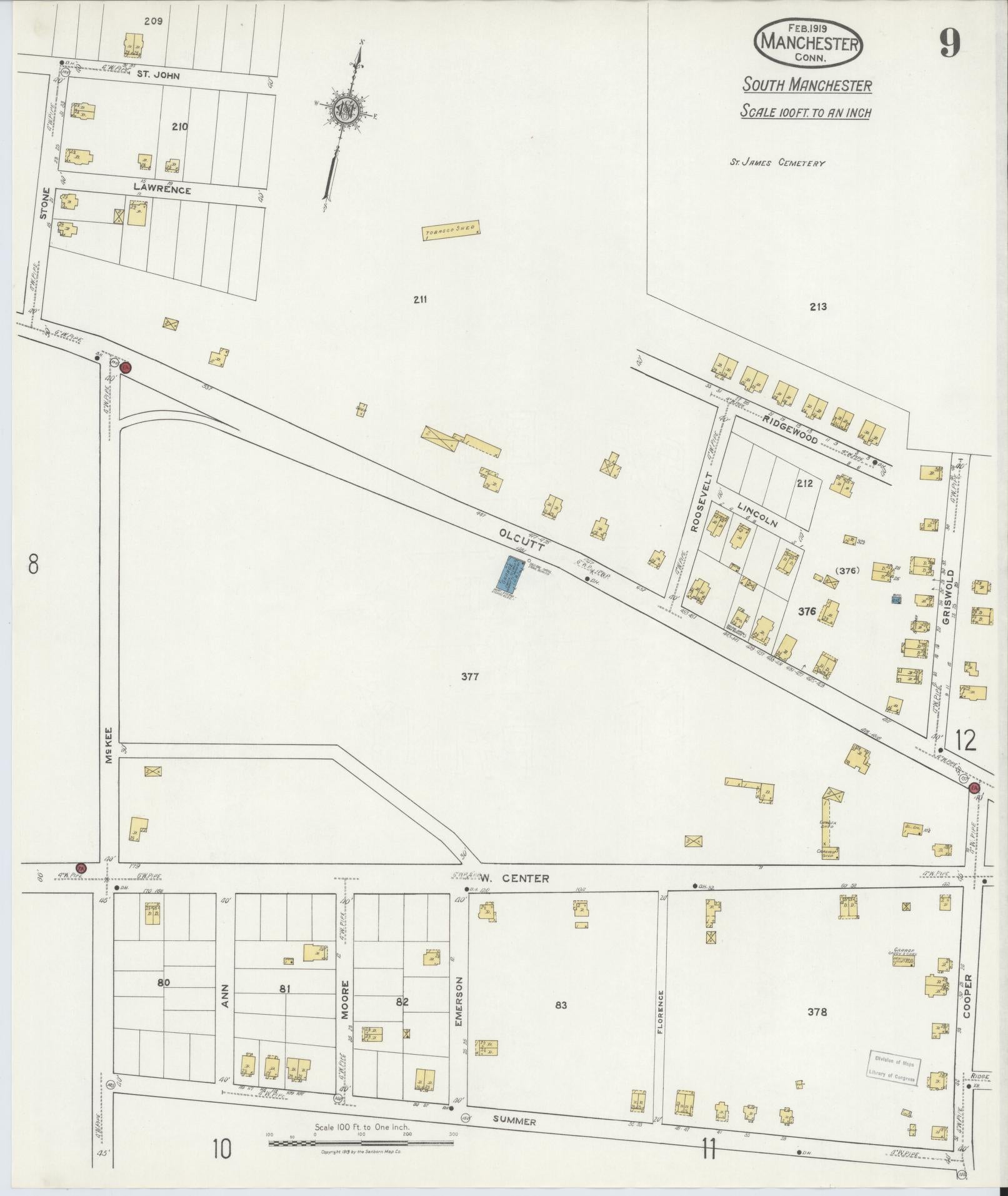 Sanborn Fire Insurance Map from Manchester, Hartford County, Connecticut (1919), Sheet #0009 - Complete Map Set gallery image, historic Sanborn map, vintage wall art, Connecticut Connecticut