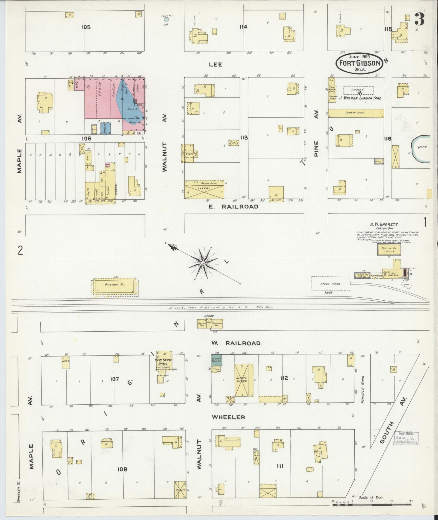 Sanborn Fire Insurance Map from Fort Gibson, Muskogee County, Oklahoma (1909), Sheet #0003 - Historic Sanborn Fire Insurance Map Print, vintage old map wall art, antique decor, genealogy gift, Oklahoma Oklahoma map