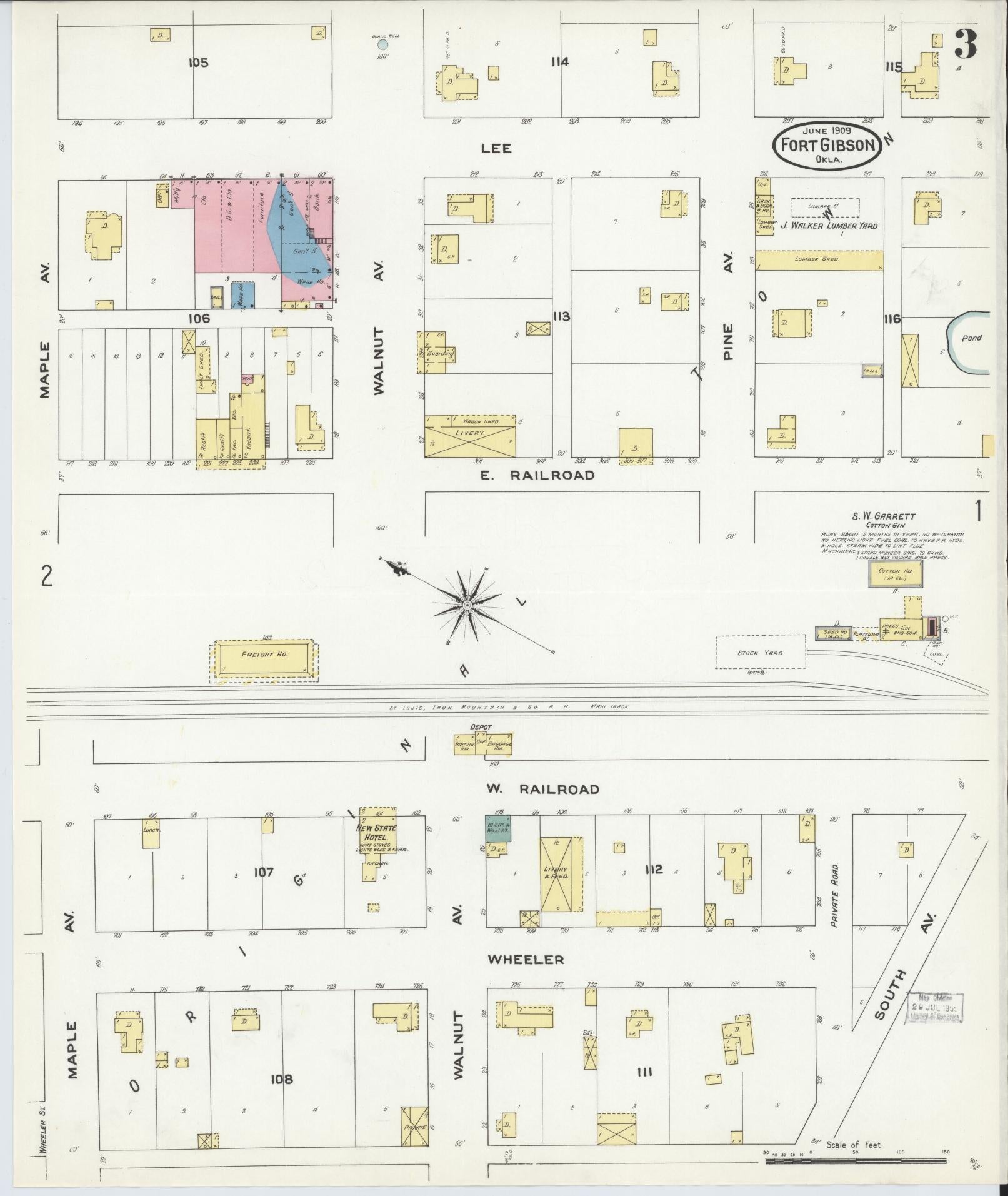 Sanborn Fire Insurance Map from Fort Gibson, Muskogee County, Oklahoma (1909), Sheet #0003 - Historic Sanborn Fire Insurance Map Print, vintage old map wall art, antique decor, genealogy gift, Oklahoma Oklahoma map