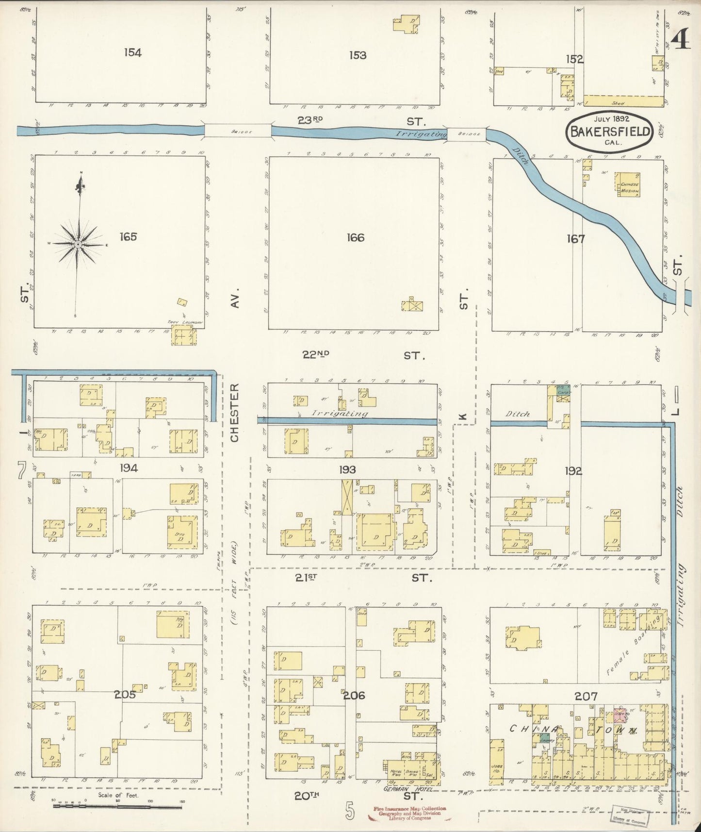 Sanborn Fire Insurance Map from Bakersfield, Kern County, California (1892), Sheet #0004 - Historic Sanborn Fire Insurance Map Print, vintage old map wall art, antique decor, genealogy gift, California California map