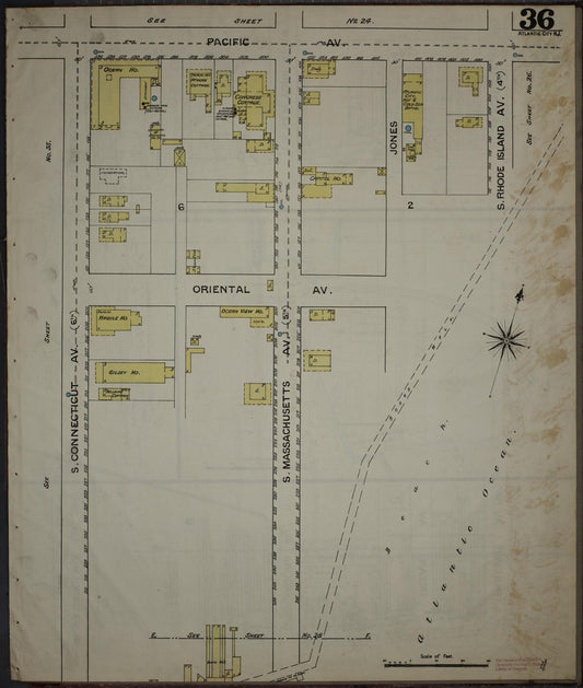 Sanborn Fire Insurance Map from Atlantic City, Atlantic County, New Jersey (1886), Sheet #0036 - Historic Sanborn Fire Insurance Map Print, vintage old map wall art, antique decor, genealogy gift, New Jersey New Jersey map