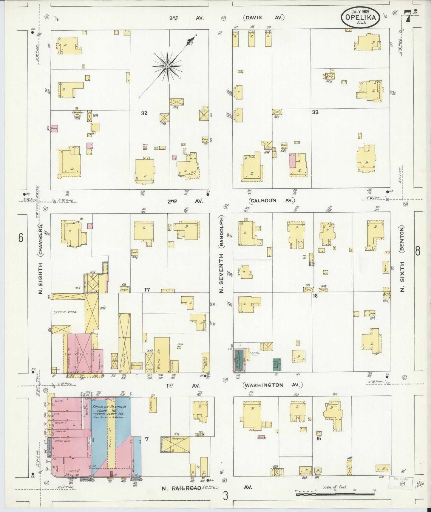 Sanborn Fire Insurance Map from Opelika, Lee County, Alabama (1909), Sheet #0007 - Historic Sanborn Fire Insurance Map Print, vintage old map wall art, antique decor, genealogy gift, Alabama Alabama map