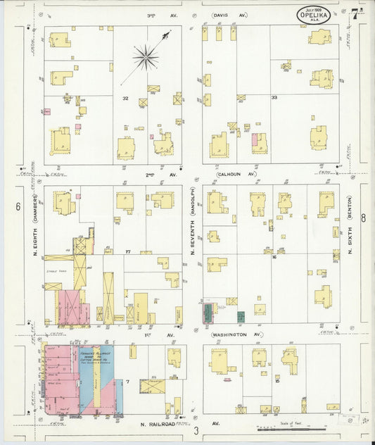 Sanborn Fire Insurance Map from Opelika, Lee County, Alabama (1909), Sheet #0007 - Historic Sanborn Fire Insurance Map Print, vintage old map wall art, antique decor, genealogy gift, Alabama Alabama map
