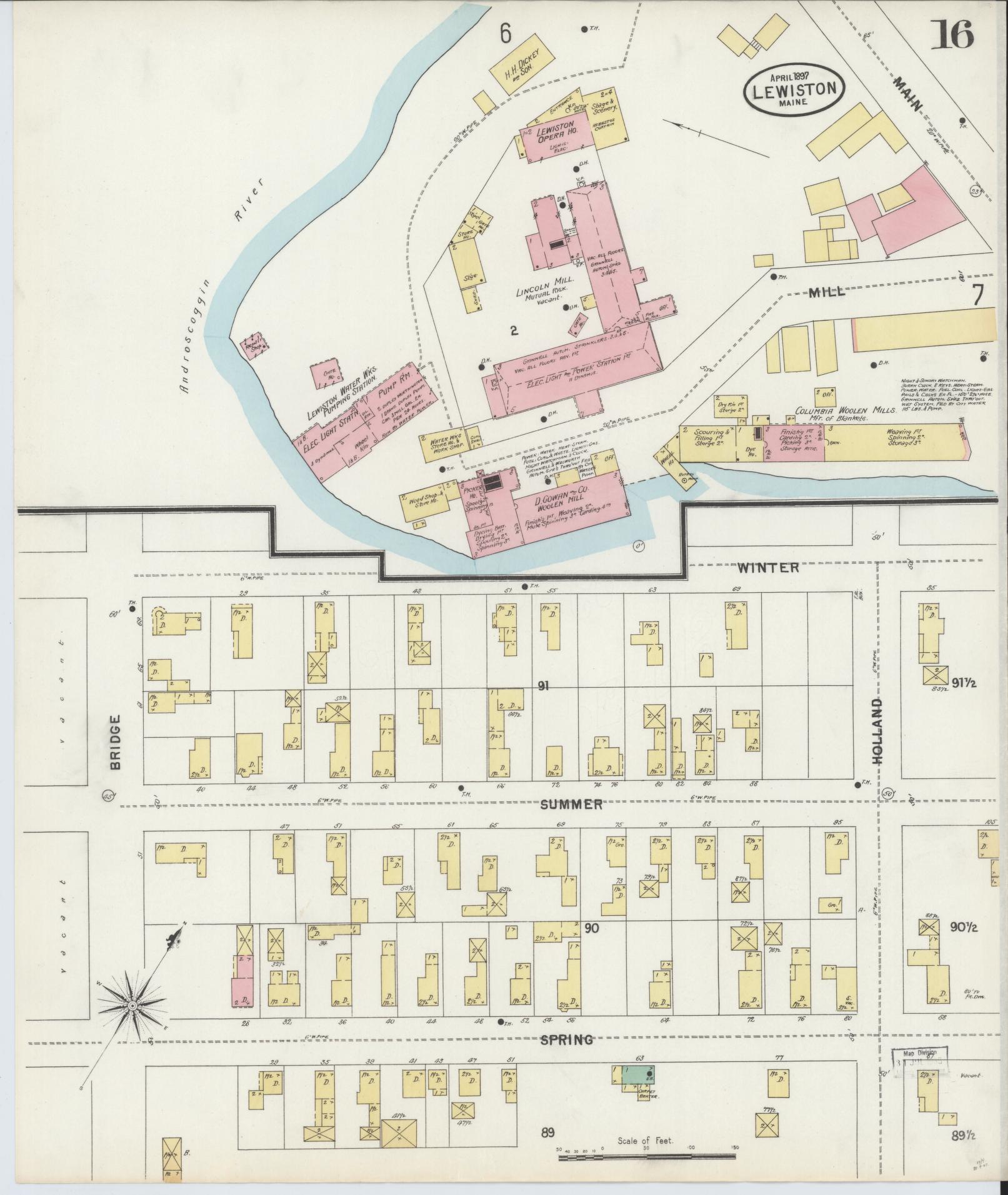 Sanborn Fire Insurance Map from Lewiston, Androscoggin County, Maine (1897), Sheet #0016 - Complete Map Set gallery image, historic Sanborn map, vintage wall art, Maine Maine