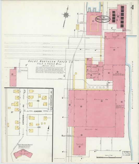 Sanborn Fire Insurance Map from Millinocket, Penobscot County, Maine (1916), Sheet #0004 - Historic Sanborn Fire Insurance Map Print, vintage old map wall art, antique decor, genealogy gift, Maine Maine map