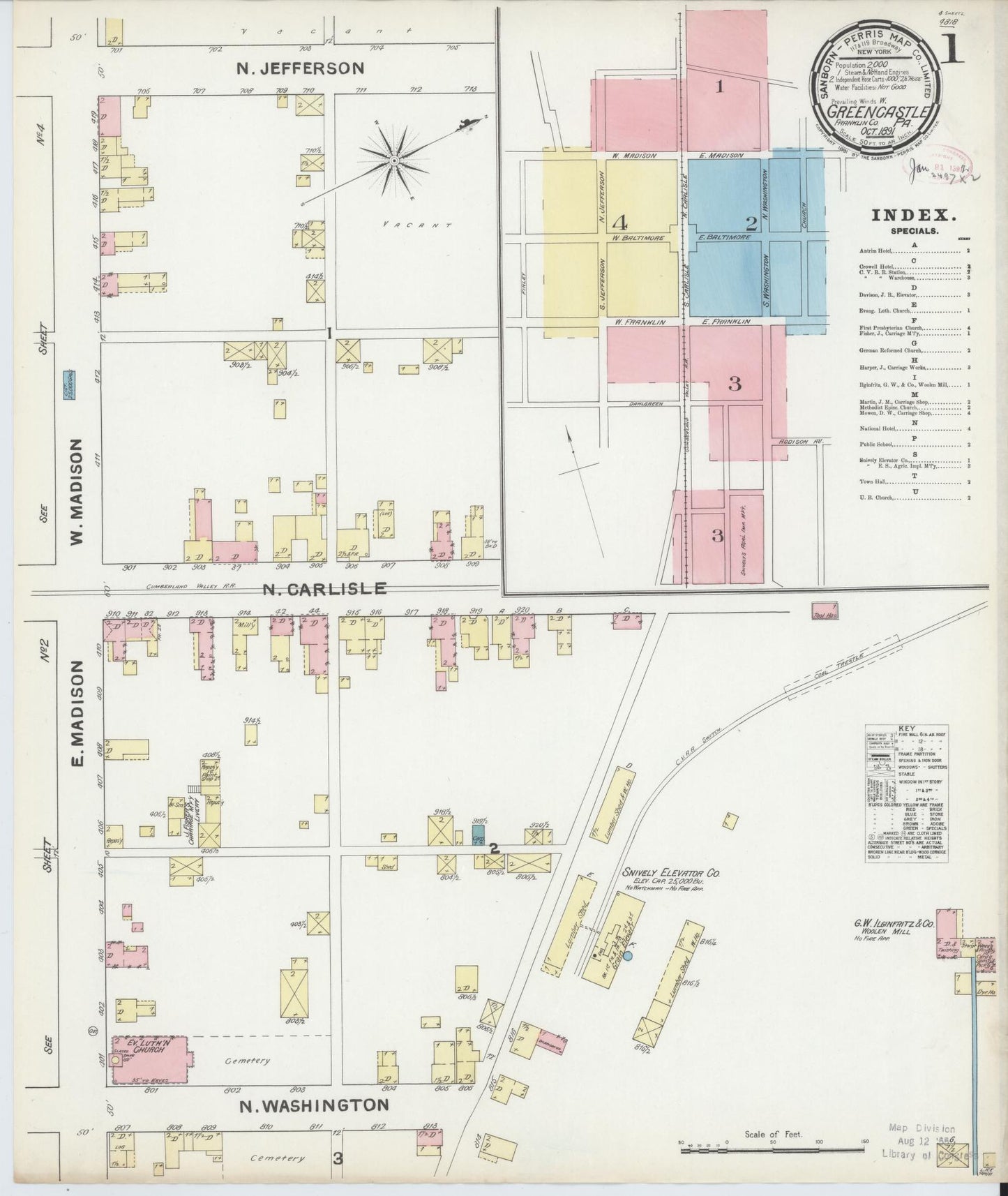 Sanborn Fire Insurance Map from Greencastle, Franklin County, Pennsylvania (1891), Sheet #0001 - Historic Sanborn Fire Insurance Map Print, vintage old map wall art, antique decor, genealogy gift, Pennsylvania Pennsylvania map