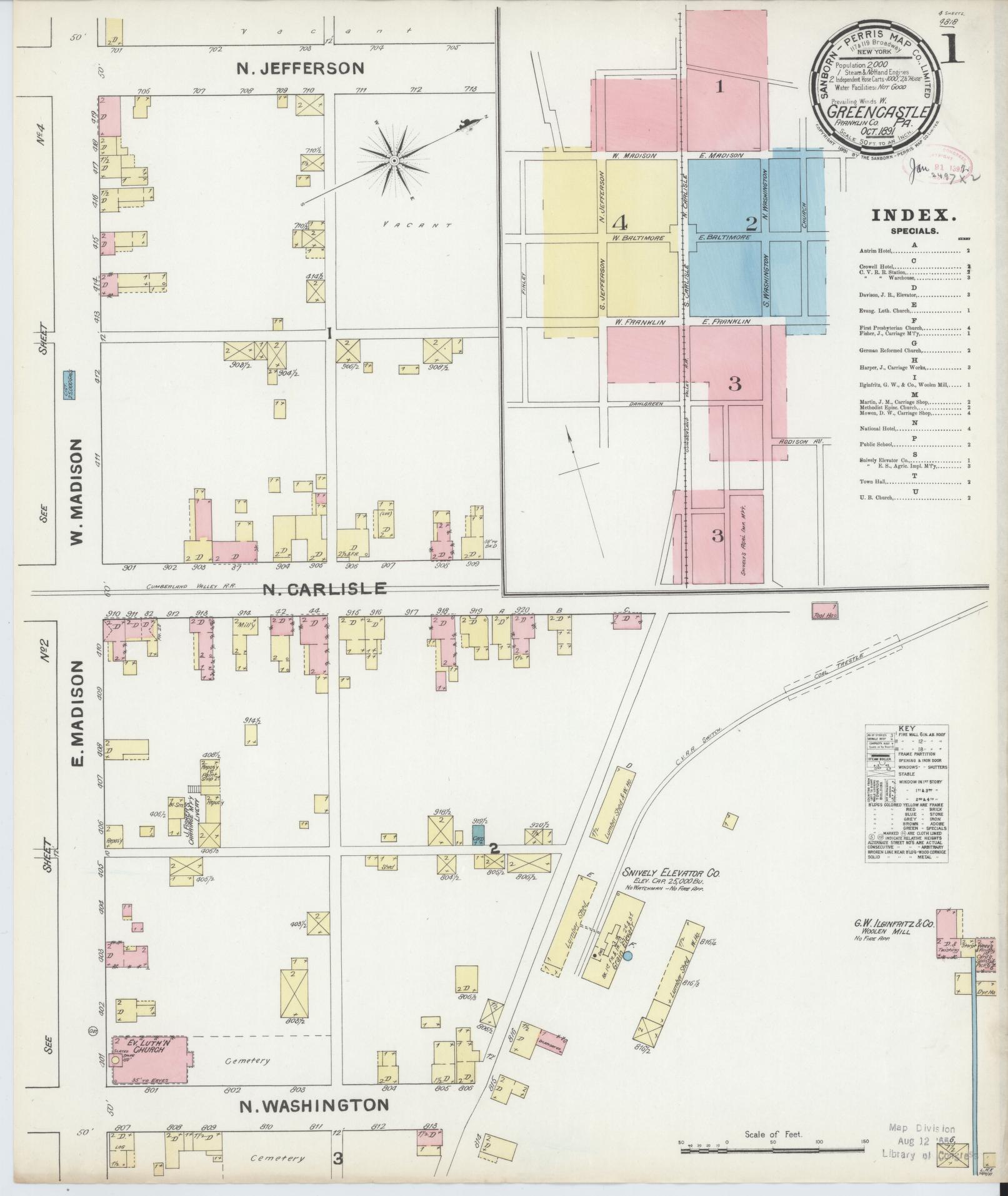 Sanborn Fire Insurance Map from Greencastle, Franklin County, Pennsylvania (1891), Sheet #0001 - Historic Sanborn Fire Insurance Map Print, vintage old map wall art, antique decor, genealogy gift, Pennsylvania Pennsylvania map