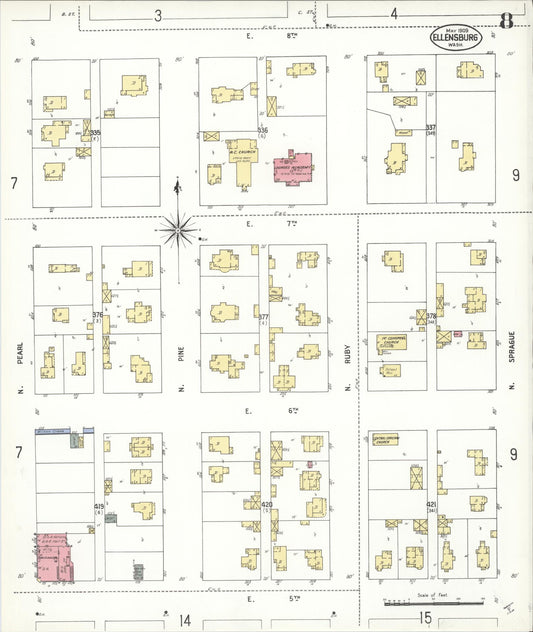 Sanborn Fire Insurance Map from Ellensburg, Kittitas County, Washington (1909), Sheet #0008 - Historic Sanborn Fire Insurance Map Print, vintage old map wall art, antique decor, genealogy gift, Washington Washington map