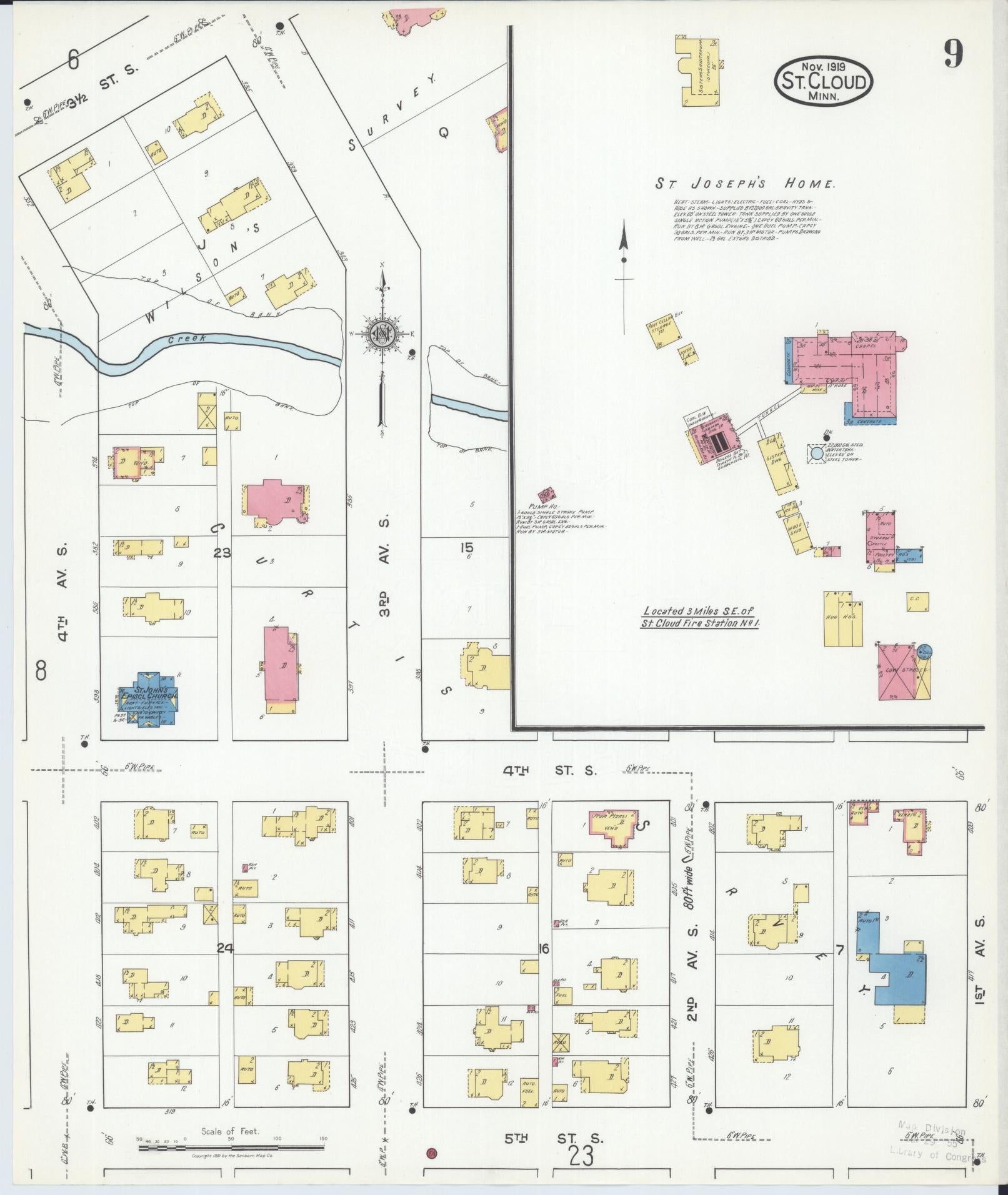 Sanborn Fire Insurance Map from Saint Cloud, Stearns, Benton, and Sherburne Counties, Minnesota (1919), Sheet #0009 - Historic Sanborn Fire Insurance Map Print, vintage old map wall art, antique decor, genealogy gift, Minnesota Minnesota map