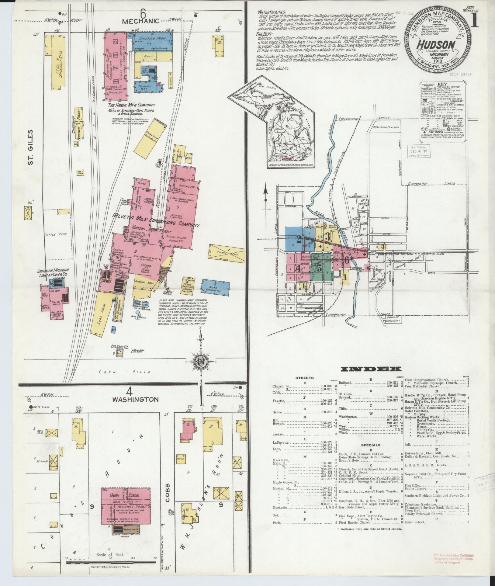 Sanborn Fire Insurance Map from Hudson, Lenawee County, Michigan (1919), Sheet #0001 - Complete Map Set gallery image, historic Sanborn map, vintage wall art, Michigan Michigan