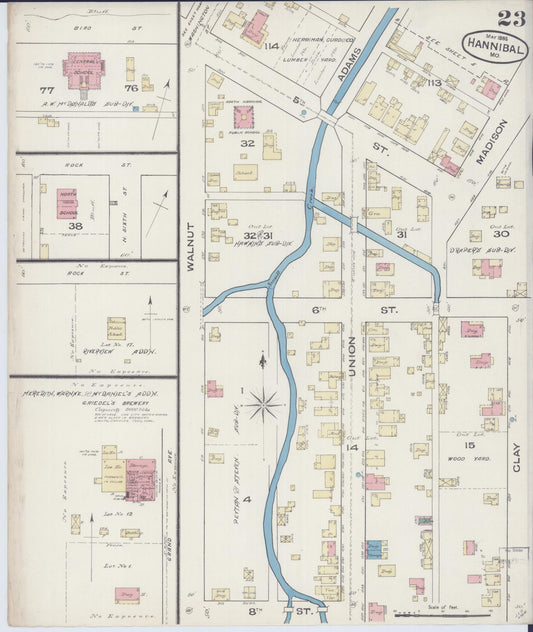 Sanborn Fire Insurance Map from Hannibal, Marion County, Missouri (1885), Sheet #0023 - Historic Sanborn Fire Insurance Map Print, vintage old map wall art, antique decor, genealogy gift, Missouri Missouri map