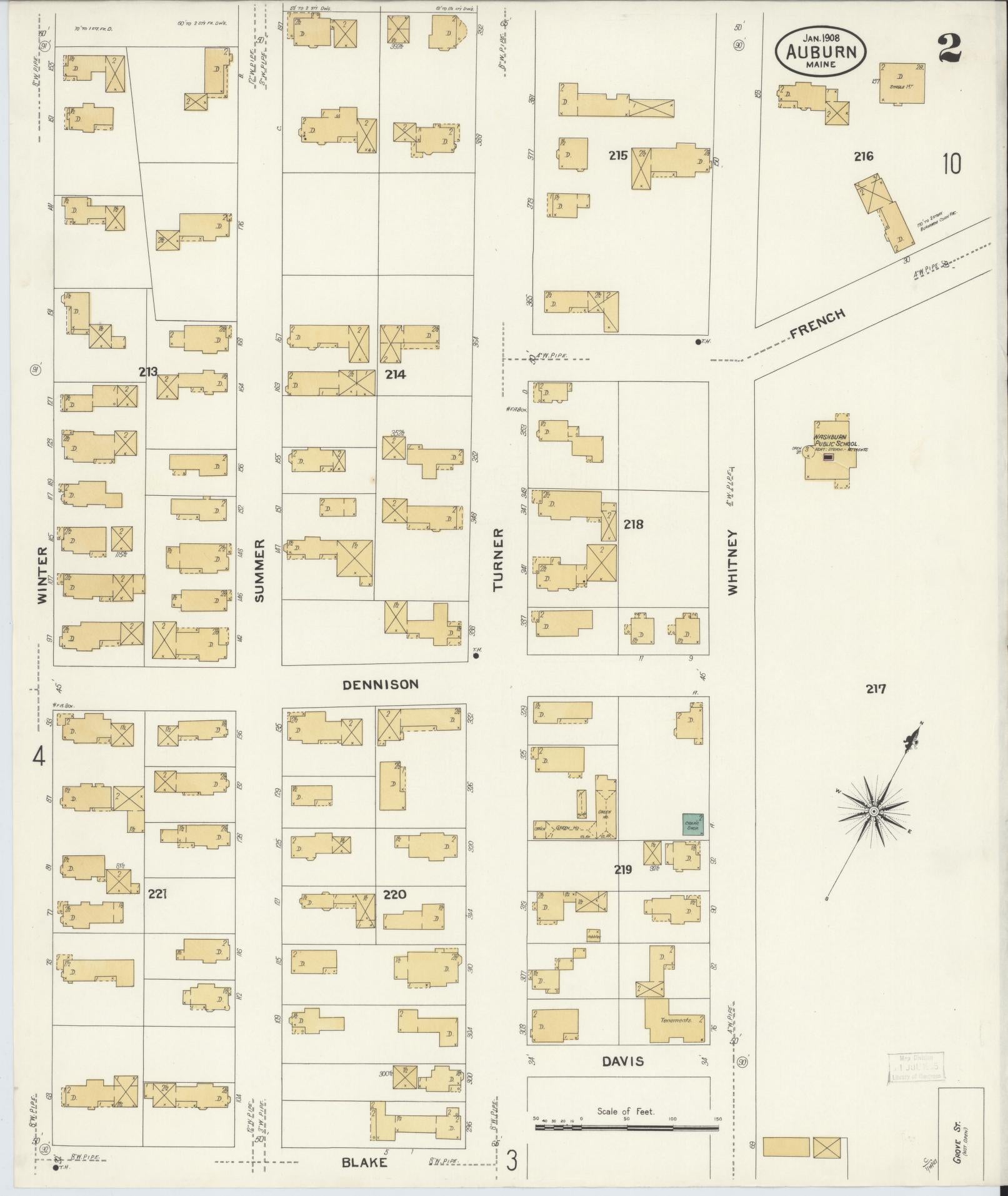 Sanborn Fire Insurance Map from Auburn, Androscoggin County, Maine (1908), Sheet #0002 - Complete Map Set gallery image, historic Sanborn map, vintage wall art, Maine Maine