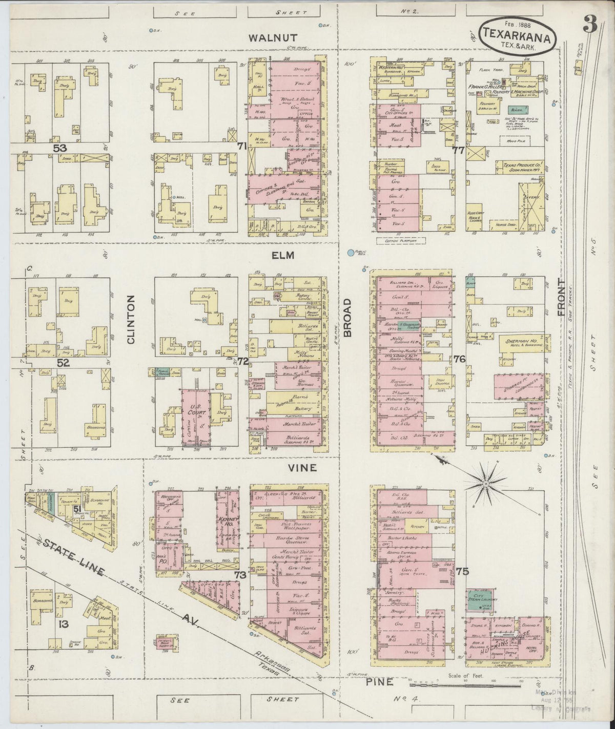 Sanborn Fire Insurance Map from Texarkana, Bowie County, Texas (1888), Sheet #0003 - Complete Map Set gallery image, historic Sanborn map, vintage wall art, Texas Texas