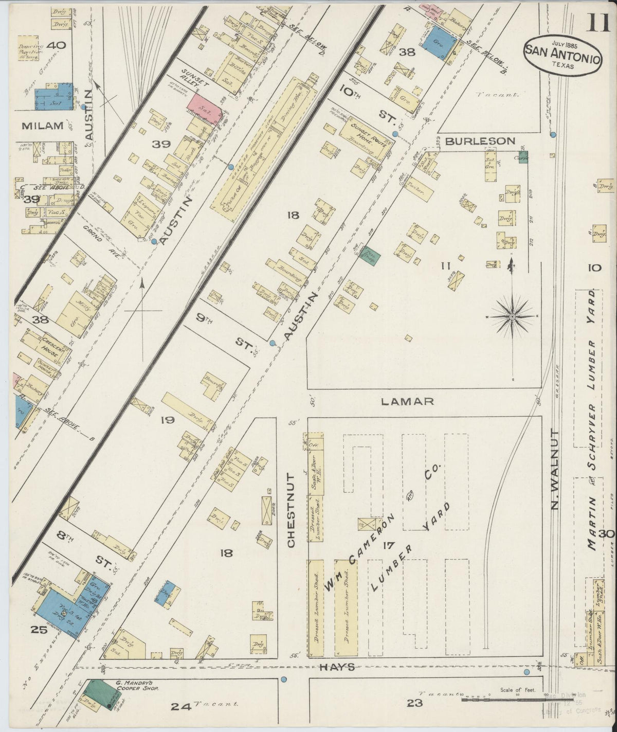Sanborn Fire Insurance Map from San Antonio, Bexar County, Texas (1885), Sheet #0011 - Historic Sanborn Fire Insurance Map Print, vintage old map wall art, antique decor, genealogy gift, Texas Texas map