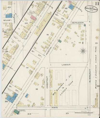 Sanborn Fire Insurance Map from San Antonio, Bexar County, Texas (1885), Sheet #0011 - Historic Sanborn Fire Insurance Map Print, vintage old map wall art, antique decor, genealogy gift, Texas Texas map