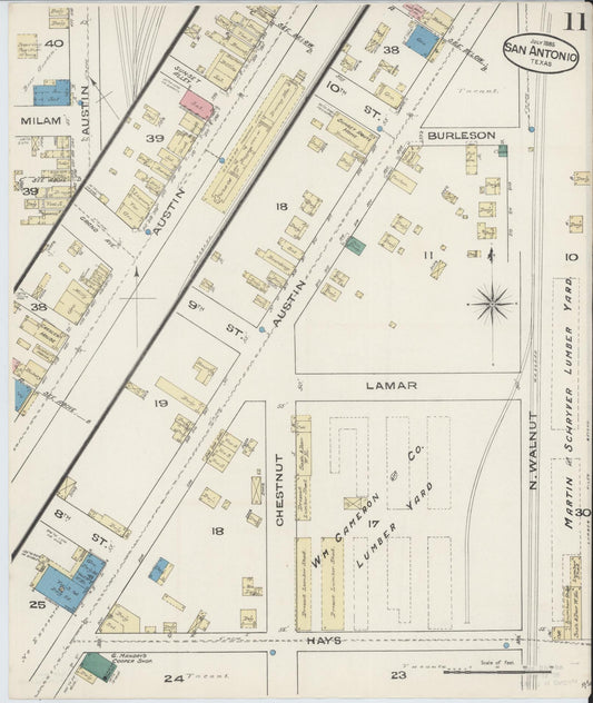 Sanborn Fire Insurance Map from San Antonio, Bexar County, Texas (1885), Sheet #0011 - Historic Sanborn Fire Insurance Map Print, vintage old map wall art, antique decor, genealogy gift, Texas Texas map