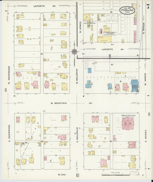 Sanborn Fire Insurance Map from Fort Collins, Larimer County, Colorado (1909), Sheet #0007 - Historic Sanborn Fire Insurance Map Print, vintage old map wall art, antique decor, genealogy gift, Colorado Colorado map