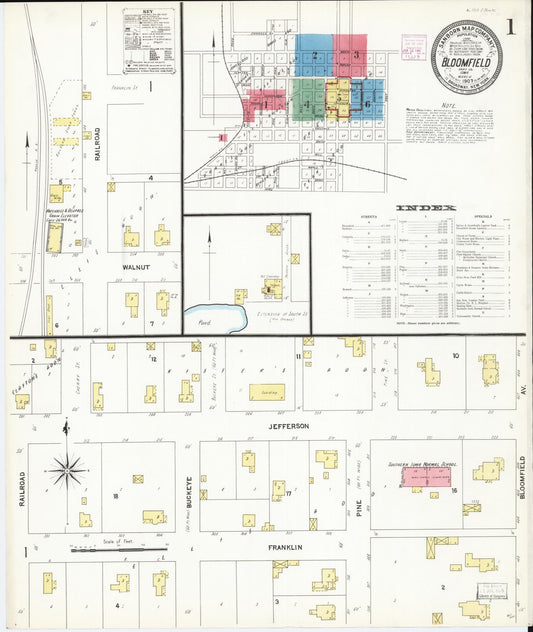 Sanborn Fire Insurance Map from Bloomfield, Davis County, Iowa (1907), Sheet #0001 - Historic Sanborn Fire Insurance Map Print, vintage old map wall art