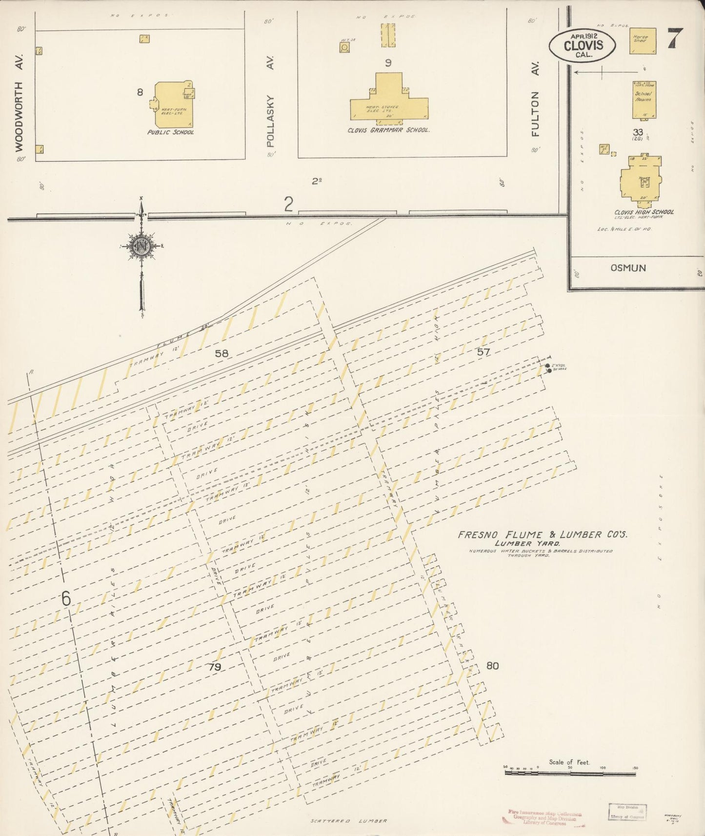 Sanborn Fire Insurance Map from Clovis, Fresno County, California (1912), Sheet #0007 - Complete Map Set gallery image, historic Sanborn map, vintage wall art, California California