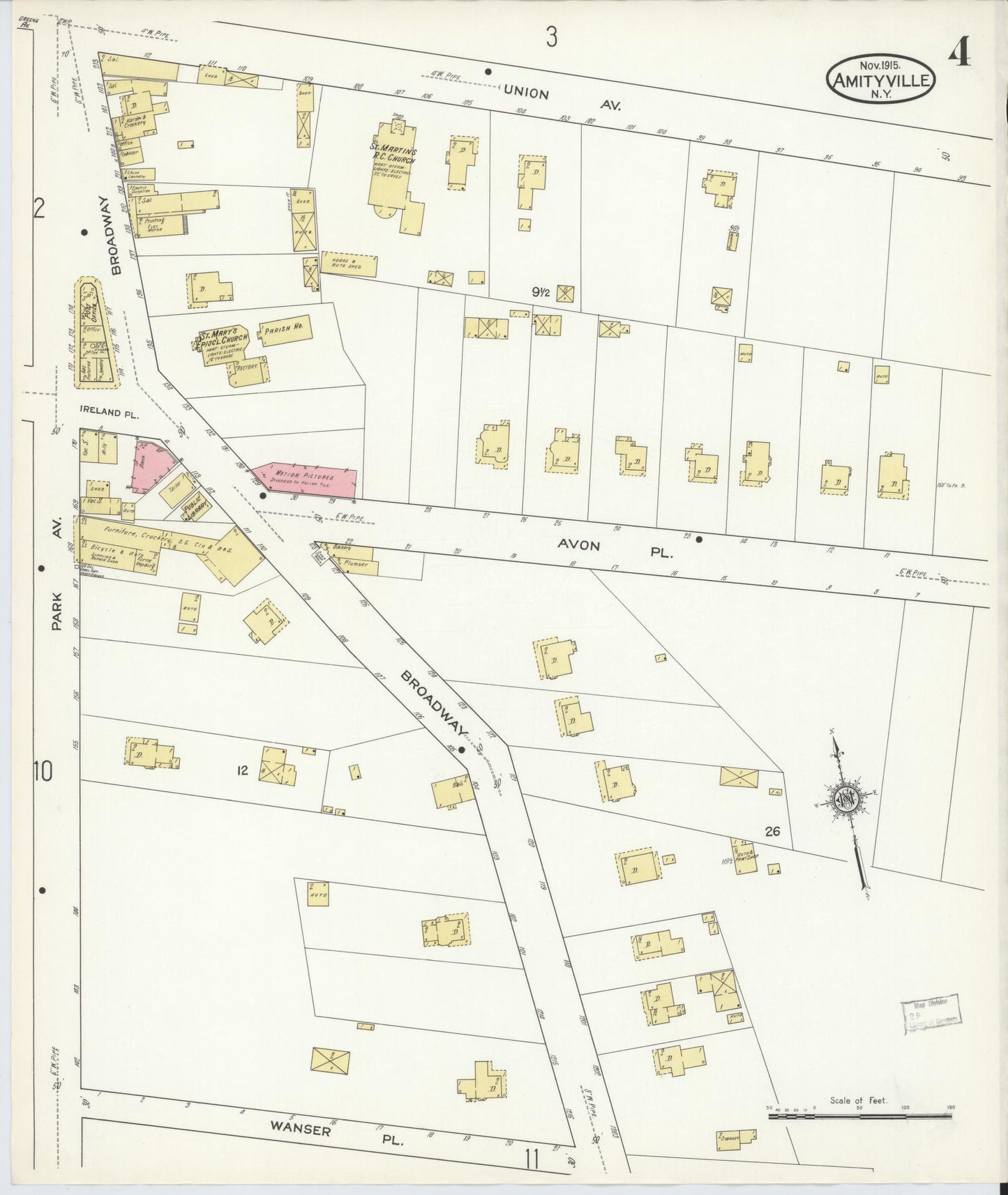 Sanborn Fire Insurance Map from Amityville, Suffolk County, New York (1915), Sheet #0004 - Historic Sanborn Fire Insurance Map Print, vintage old map wall art, antique decor, genealogy gift, New York New York map