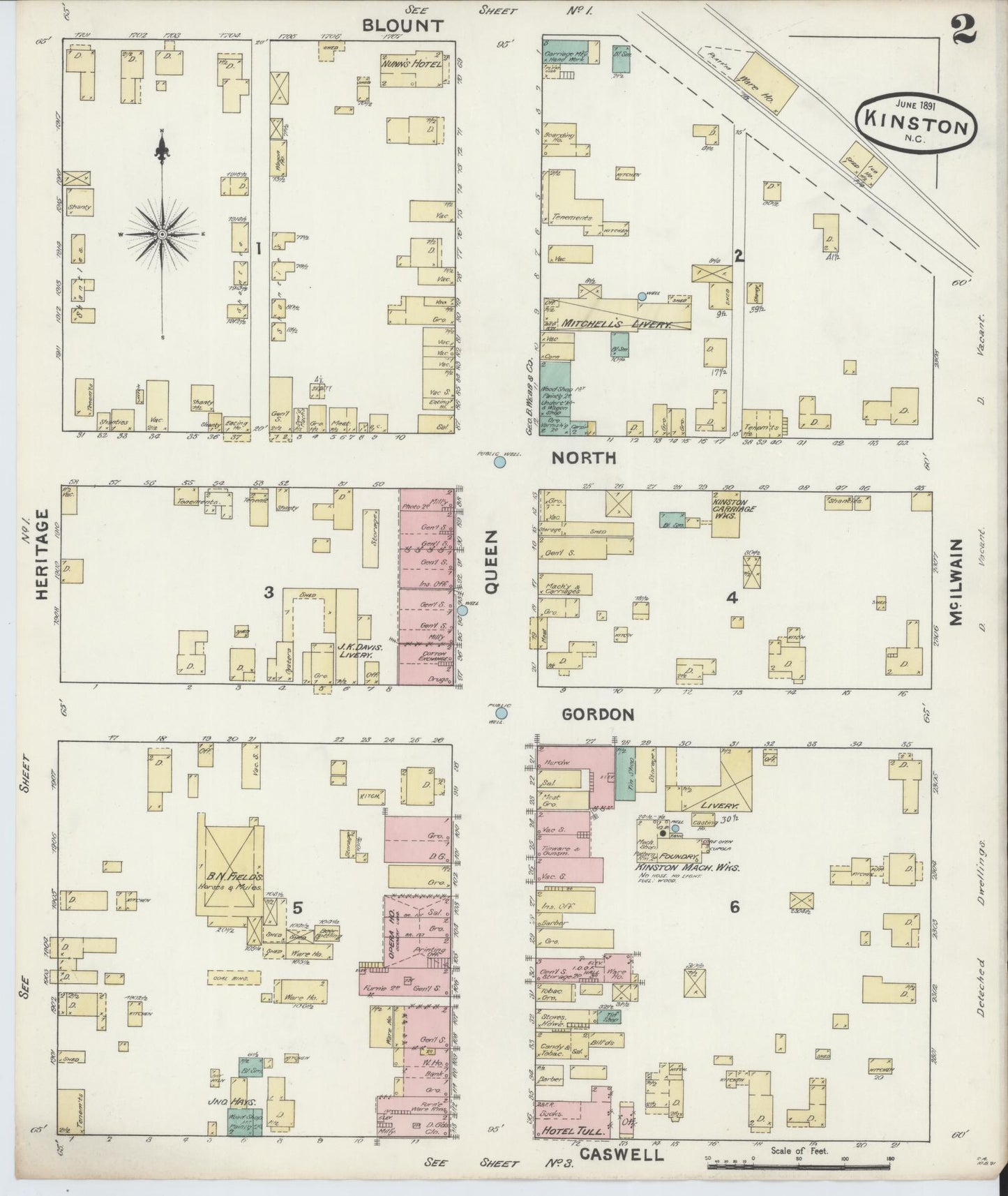 Sanborn Fire Insurance Map from Kinston, Lenoir County, North Carolina (1891), Sheet #0002 - Complete Map Set gallery image, historic Sanborn map, vintage wall art, North Carolina North Carolina