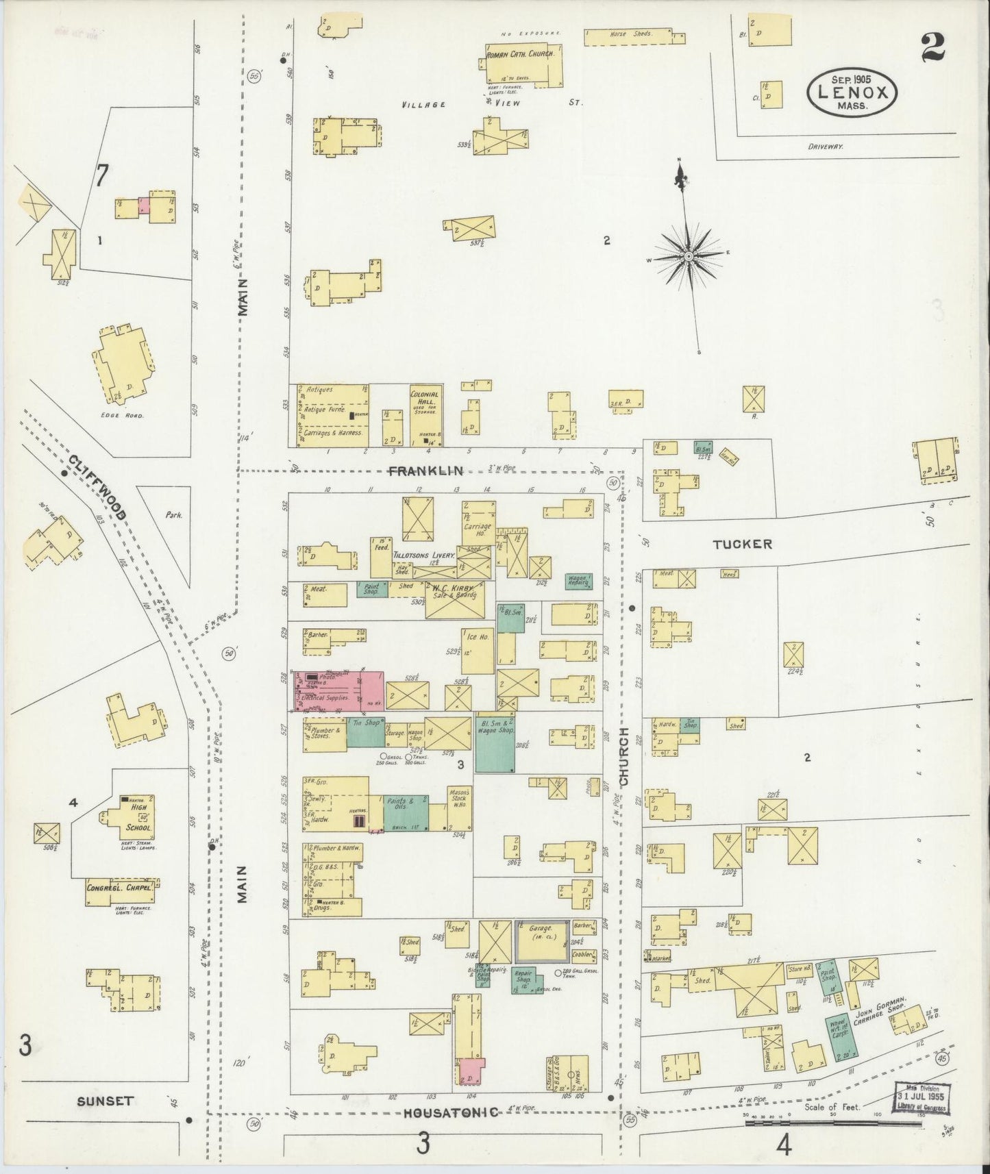 Sanborn Fire Insurance Map from Lenox, Berkshire County, Massachusetts (1905), Sheet #0002 - Complete Map Set gallery image, historic Sanborn map, vintage wall art, Massachusetts Massachusetts