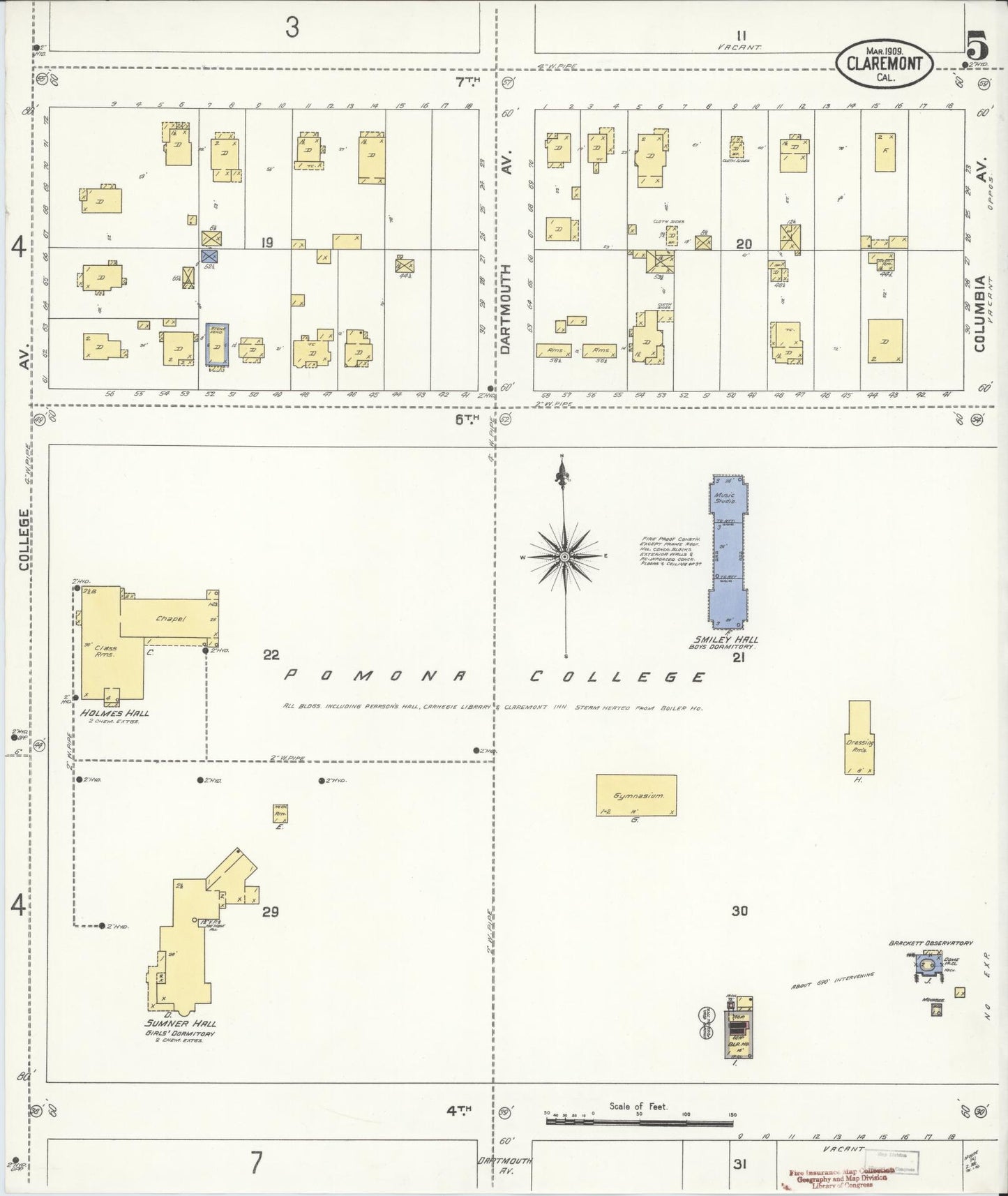 Sanborn Fire Insurance Map from Claremont, Los Angeles County, California (1909), Sheet #0005 - Historic Sanborn Fire Insurance Map Print, vintage old map wall art, antique decor, genealogy gift, California California map