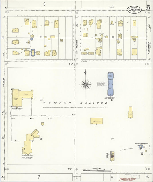Sanborn Fire Insurance Map from Claremont, Los Angeles County, California (1909), Sheet #0005 - Historic Sanborn Fire Insurance Map Print, vintage old map wall art, antique decor, genealogy gift, California California map