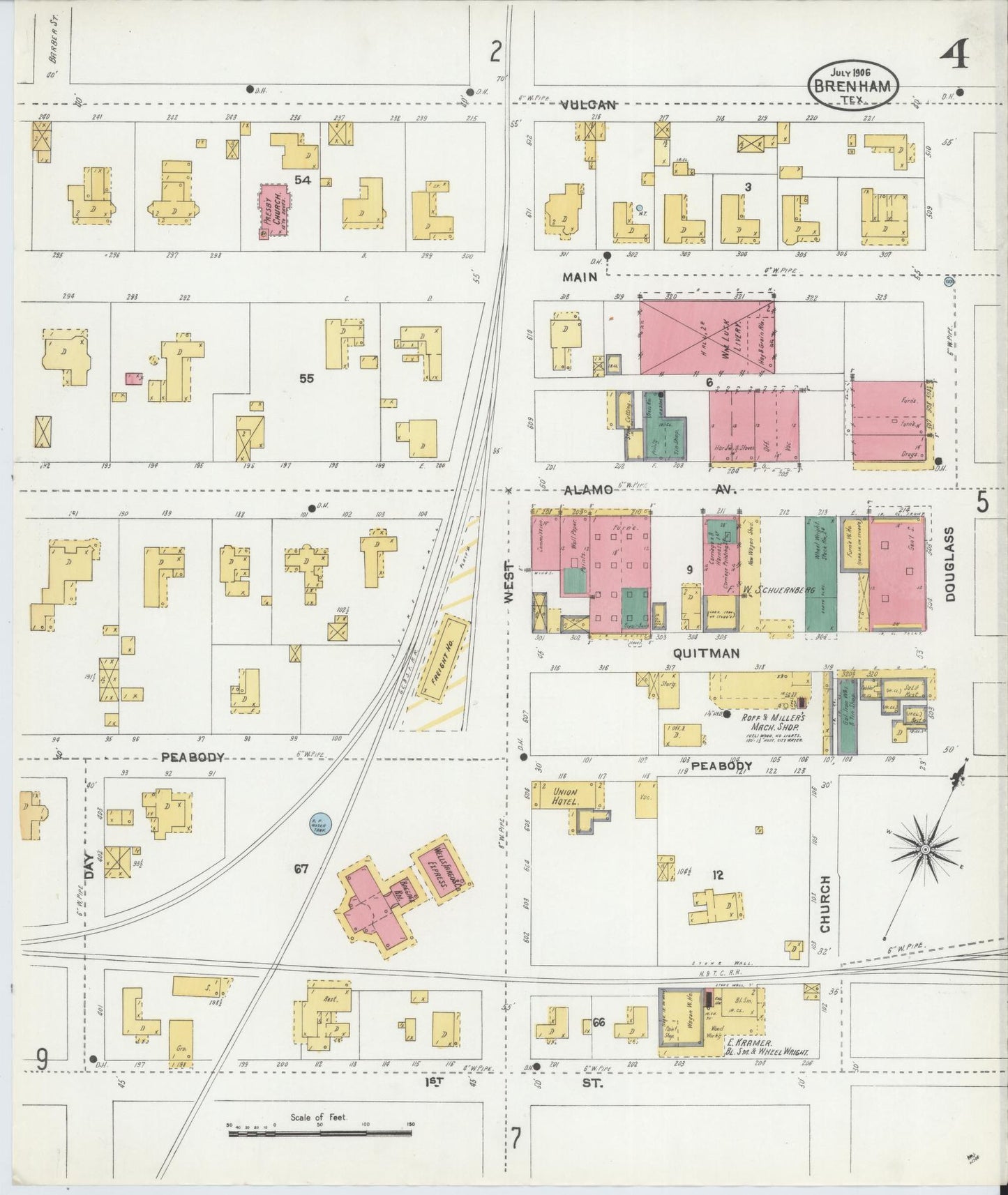 Sanborn Fire Insurance Map from Brenham, Washington County, Texas (1906), Sheet #0004 - Historic Sanborn Fire Insurance Map Print, vintage old map wall art, antique decor, genealogy gift, Texas Texas map